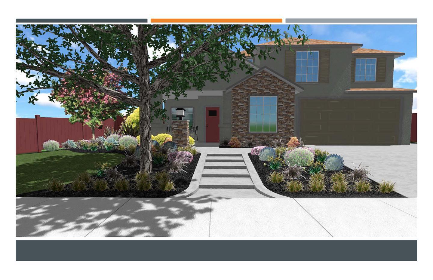 A front yard landscape design in Sacramento, CA. The design includes a generously sized drought tolerant garden to minimize lawn space (less water and maintenance). It also includes a concrete staircase leading from the sidewalk to the front door, so that visitors have a direct route to the front door from the street. A light pillar, with a ledgestone veneer that matches the stone accent of the home will provide visibility at night as well providing scale and balance to the entrance space.
#landscapedesign #landscape #landscaping #landscapearchitecture #gardendesign #garden #xeriscape #design #xeriscapegarden #outdoorliving #gardening #succulent #succulents #plants #landscapeconcept #landscapedesigner #landscapeplan #sandiegolandscapedesign #exteriordesign #sandiegolandscapedesigner #landscapelovers #remotelandscapedesigner #hardscape #remotelandscapedesign #landscapearchitect #gardens #landscapeconstruction #gardeninspiration #landscapedesigning #outdoordesign