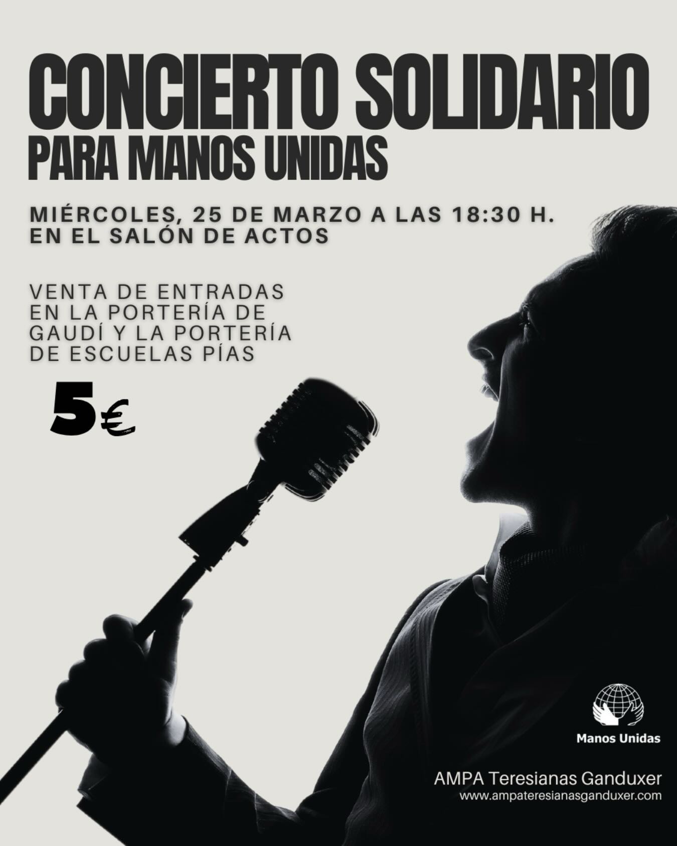 Un año más, estamos invitados al CONCIERTO SOLIDARIO, en el cual participarán muchos alumnos del colegio.
Ya hace muchos años que celebramos esta gran fiesta desde la cual potenciamos la solidaridad y el amor por la música.
Este año, la recaudación obtenida, irá a sufragar el proyecto de mejorar el acceso a educación de calidad para niños y niñas en riesgo de exclusión en Camboya
El precio de las entradas será de 5 euros (en efectivo).
Las entradas serán numeradas y se venderán a la Portería de Gaudí y la Portería
de Escuelas Pías.
Nos esperan el próximo miércoles 25 de marzo a las 18:30 horas en el salón de actos del colegio.