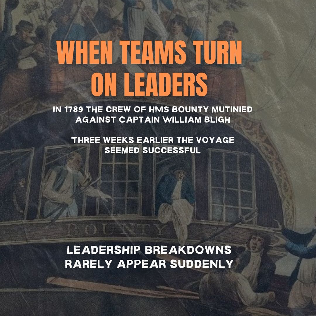 A Royal Navy captain commanded a ship in the middle of the Pacific… until his own crew threw him into a small boat and sailed away without him.
That ship was HMS Bounty. The captain was William Bligh.
Bligh had been sent across the world to collect breadfruit plants from Tahiti and transport them to the Caribbean. By most measures the expedition was going well. He was a superb navigator, and the long Pacific crossing had succeeded.
❗Then the dynamic on board began to change.
The crew spent months in Tahiti. Life felt relaxed, sociable and free compared with rigid naval discipline.
When the Bounty sailed again the change was abrupt. Island life vanished overnight. The hierarchy returned.
Three weeks later the tension snapped.
Fletcher Christian led the mutiny. Bligh and eighteen loyal crew were forced into a small open boat and cast adrift.
Bligh didn’t panic. Using a sextant and a pocket watch he navigated more than 3,500 miles to safety, one of the most remarkable feats in naval history.
So what went wrong?
It was not about breadfruit. It was about the relationship between leader and crew.
👉 Technical brilliance does not secure loyalty.
Competence alone rarely holds a team together. When trust weakens, skill offers little protection.
👉 Status humiliation corrodes authority
Public criticism attacks identity. Resentment builds quickly.
👉 People compare cultures
After Tahiti, rigid discipline felt very different.
👉 Breakdowns often begin with insiders
The mutiny was led by someone Bligh trusted.
Step back and the pattern is clear.
The emotional atmosphere had been shifting for weeks. These breakdowns do not start with confrontation. They begin with quiet conversations, eye rolling and shared frustration.
The same pattern appears in organisations.
Once resentment and loss of trust start to circulate, authority weakens long before anyone says it out loud.
Even a well run team can become unstable quickly....