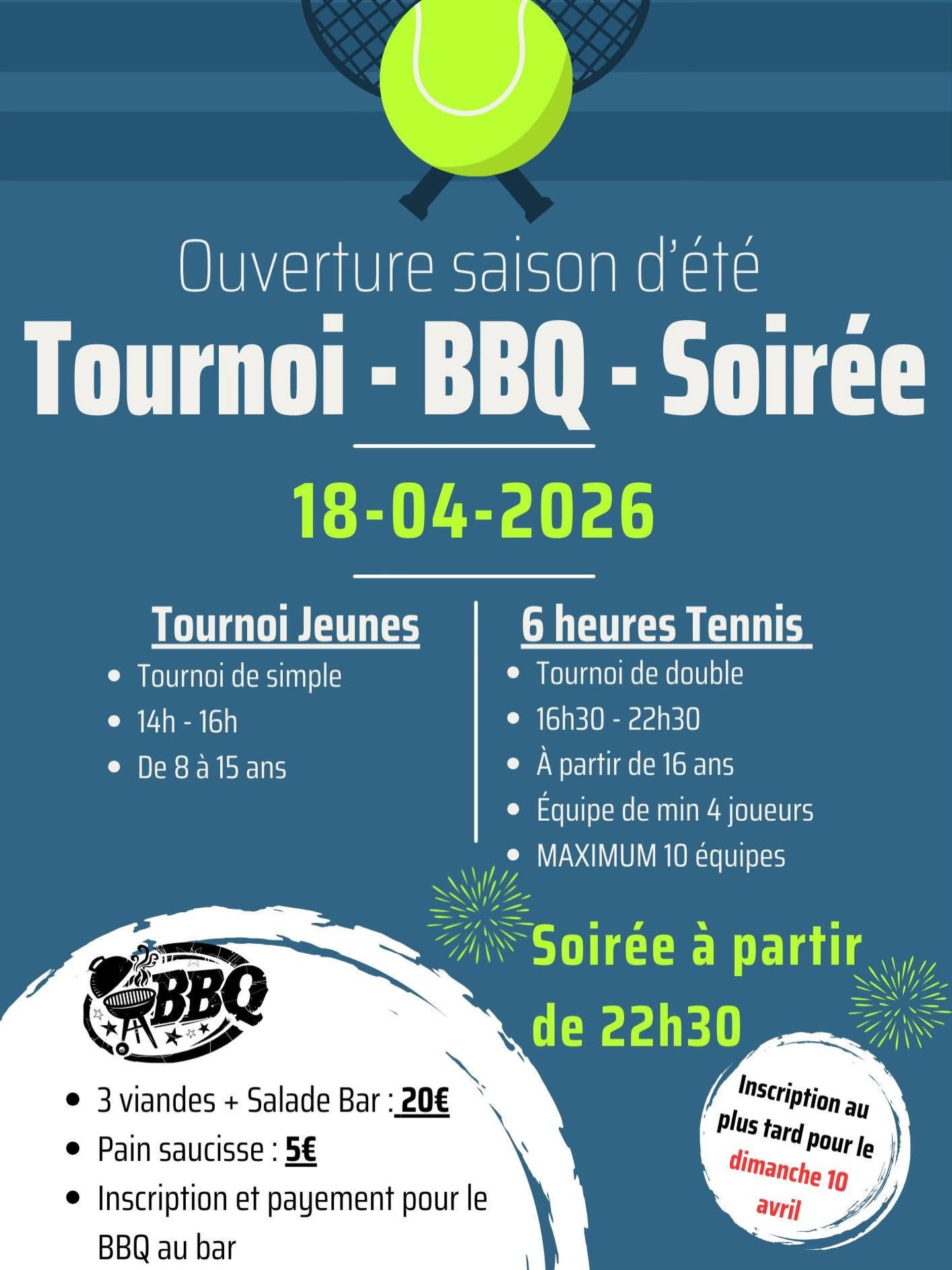 🔥 La saison d’été débarque au Smash 51 😎☀️
Et quoi de mieux pour lancer ça en beauté qu’un tournoi d’ouverture 🎾💥
Ambiance, matchs, plaisir… tout est réuni pour se remettre en jambes et être prêt pour les interclubs 💪
👉 Tu veux être de la partie ?
➡️ Inscriptions ouvertes dès maintenant au club !
On vous attend nombreux 👊