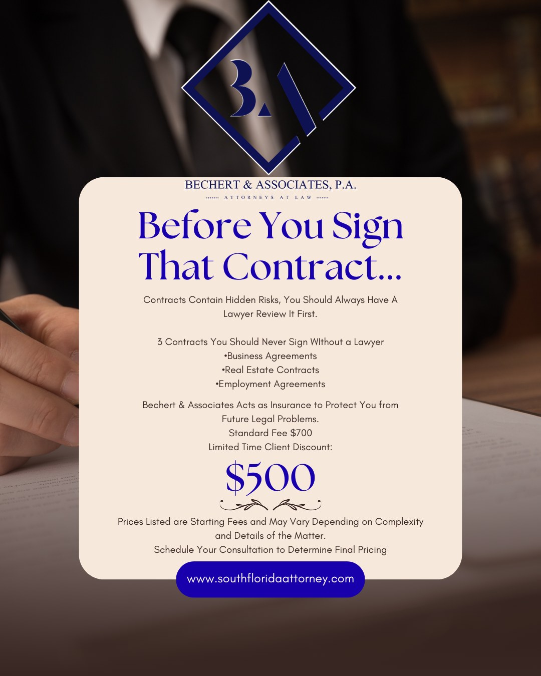 Contracts are written to protect someone — make sure it protects you too.
Many agreements contain hidden clauses like:
• Personal liability
• Automatic renewals
• Non-compete restrictions
• Penalty fees
At Bechert & Associates, we review contracts so you fully understand:
✔ What you’re agreeing to
✔ What risks you’re taking
✔ What should be negotiated before signing
A 30-minute contract review could save you thousands in future legal problems.
Call 954-941-8363
🌐 www.southfloridaattorney.com
Know what you’re signing before it’s too late. #floridalawyer
#southfloridalawyer
#pompanobeachlawyer
#bocaratonlawyer
#fortlauderdalelawyer
#miamilawyer
#browardcountylawyer
#floridaattorney
#browardlawyer
#businesslawyer
#smallbusinesslawyer
#businesscontracts
#entrepreneurlawyer
#businesslegal
#startupattorney
#businesslegalhelp
#contractreview
#contractlawyer
#contractattorney
#legalcontractreview
#businesscontractlawyer
#legalcontracthelp
#reviewmycontract
#beforeyousign
#knowbeforeyousign
#contracthelp