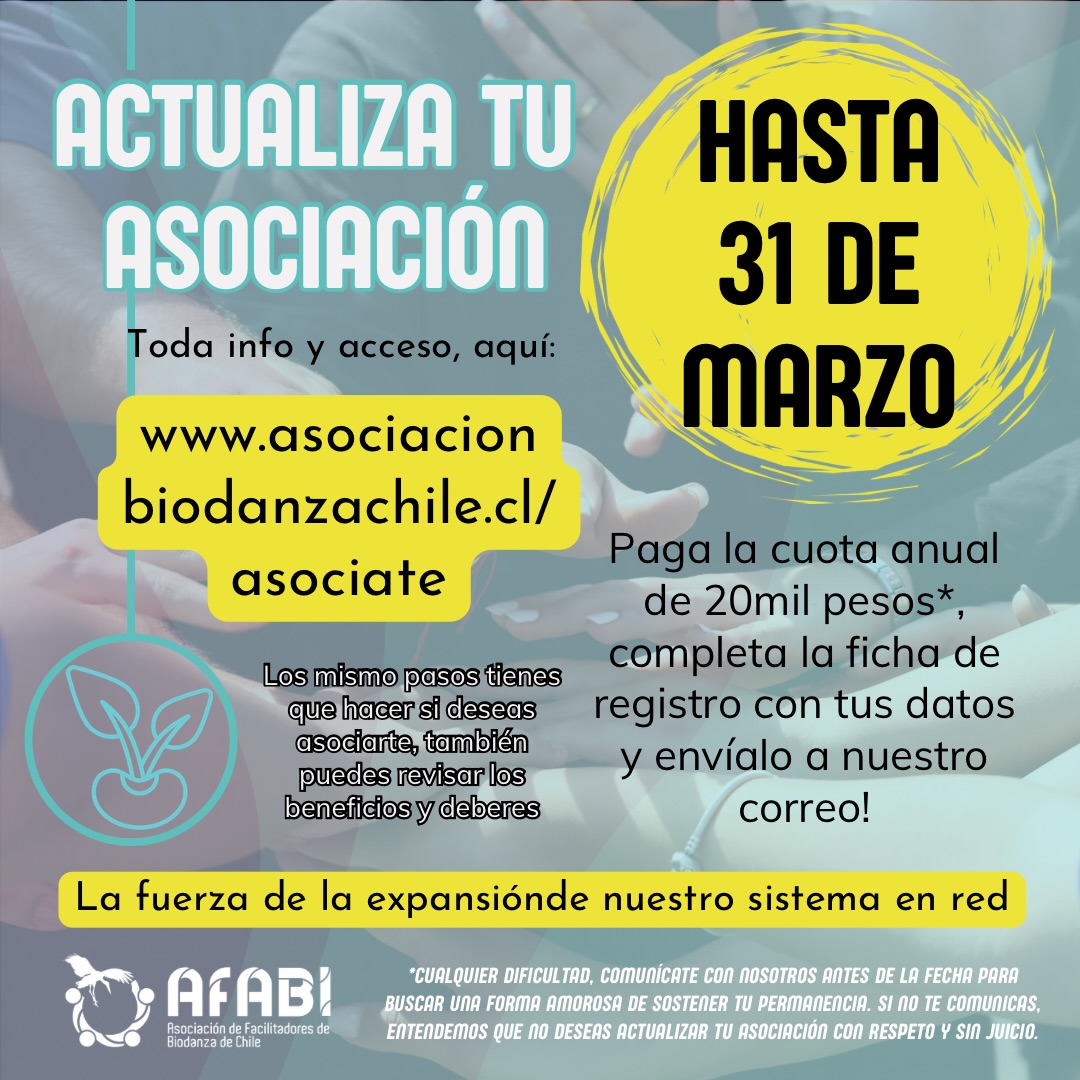Estamos en tiempos de actualización!
Con toda la energía de Otoño, dejamos los volar las hojas que danzan con nuevos vientos, para dirigir la energía en lo que permanece y fortalecer lo que seguirá floreciendo en nuestra asociación 🧡
Paga tu cuota, llena tu ficha y se parte de los pasos de avance de nuestro sistema !
Visita nuestra página web, escríbenos al correo o contáctate por interno cualquier duda 🙋
Tu aporte abre posibilidades, para ti y para Biodanza
