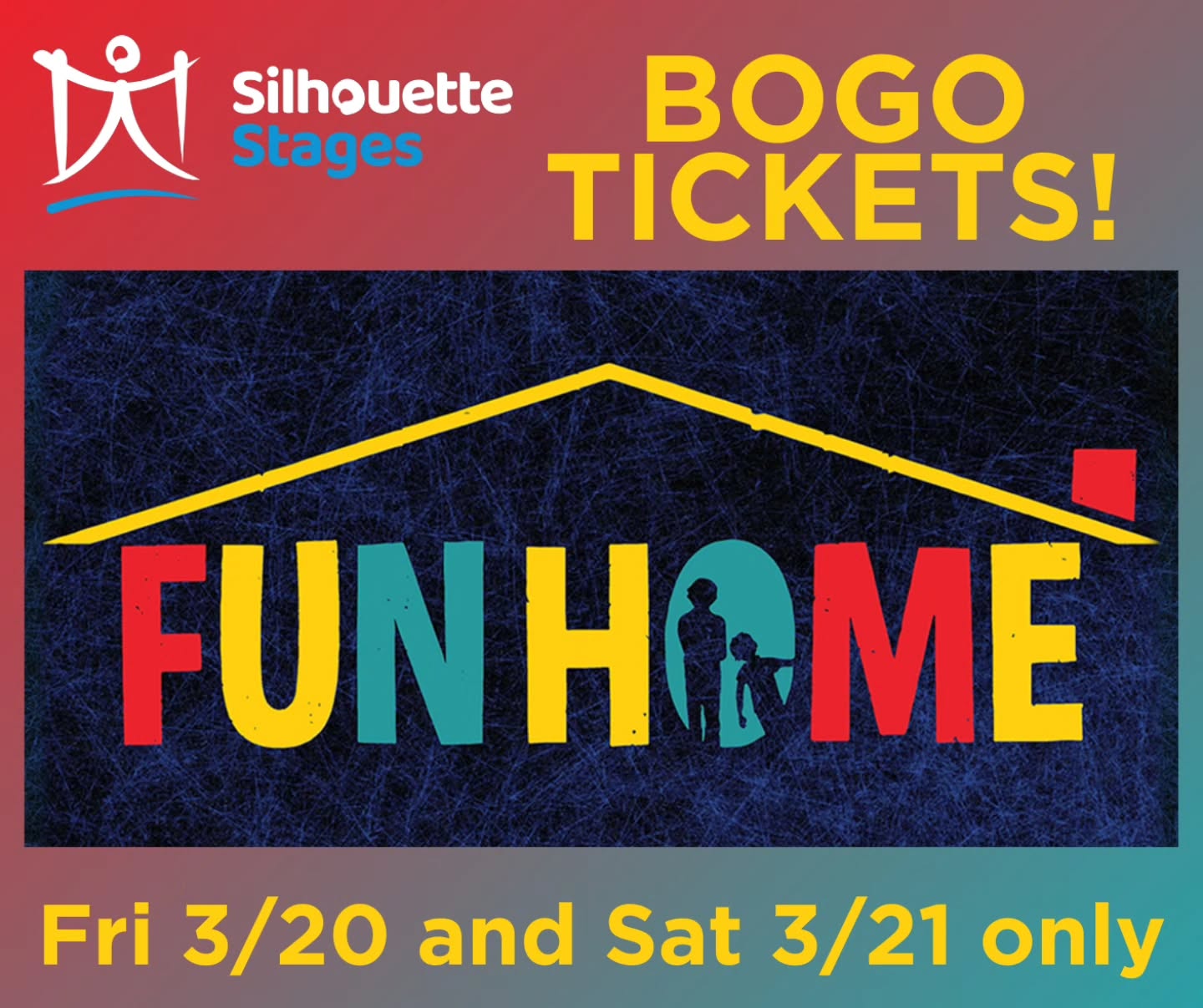 🎭 TWO TICKETS FOR THE PRICE OF ONE!
Don’t miss your chance to see Silhouette Stages' stunning production of Fun Home this weekend! We’re offering a special BOGO deal for our Friday and Saturday performances.
When: Friday & Saturday Night only
Where: Slayton House Theatre
The Deal: Buy one ticket, get one FREE!
🎟 Snag your tickets at the link in our bio!
Discount applied at checkout / Use code: BOGO
