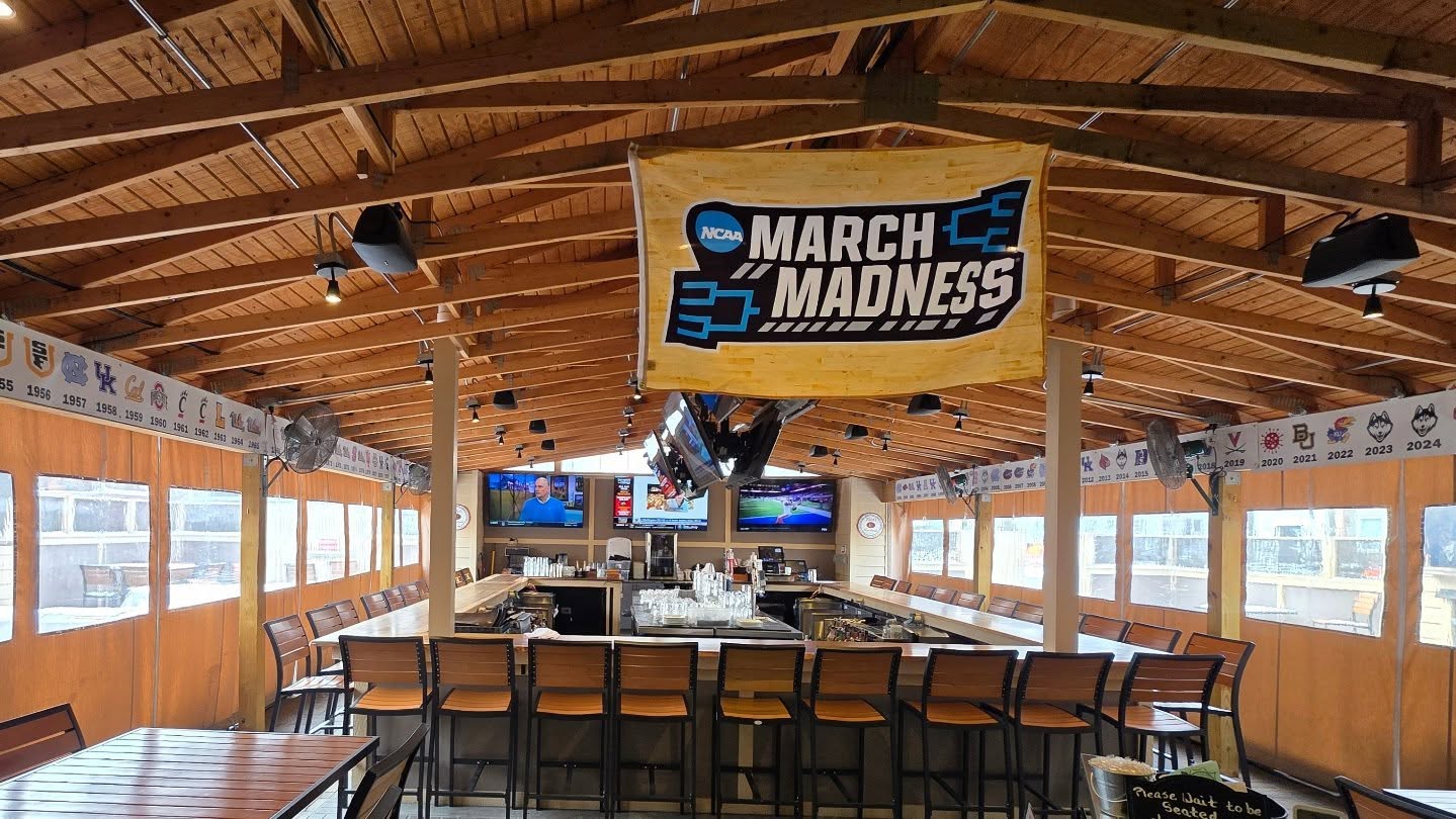The Champions Banners are going up and we're getting ready for Tomorrow's March Madness Tip-Off starting at 11am! Come join us for all the action!!