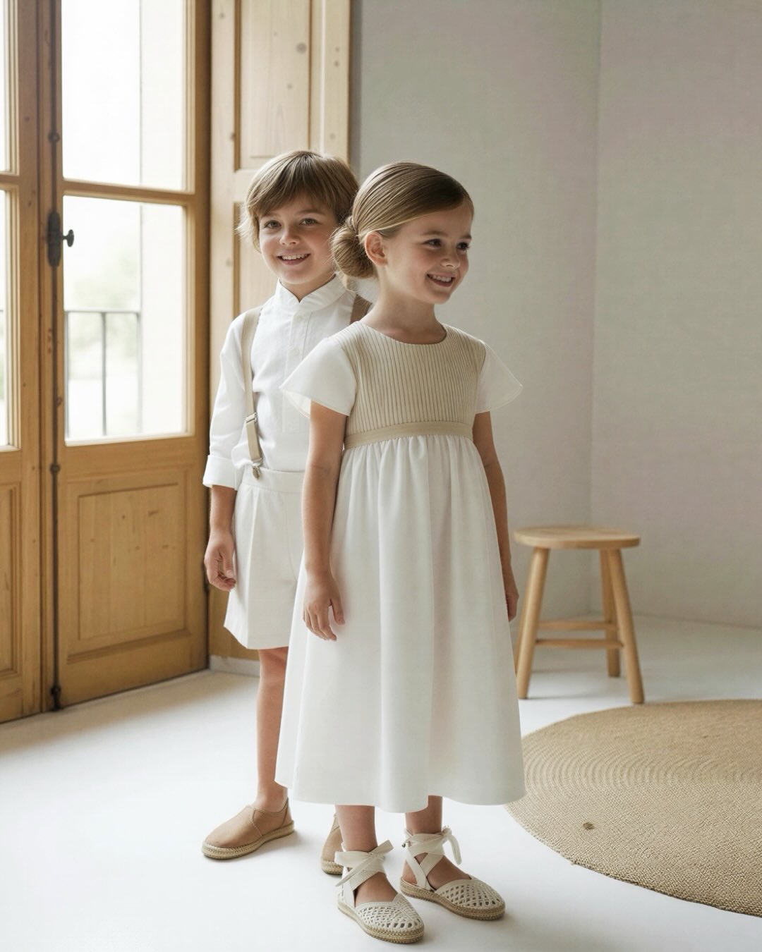 Aquí os dejamos una propuesta sencilla y natural para las bodas de verano y es que muchas veces menos es más. Los modelos elegidos son el modelo Pisa para la niña y camisa y pantalón en tonos crudo y arena para el niño. ♥️♥️♥️