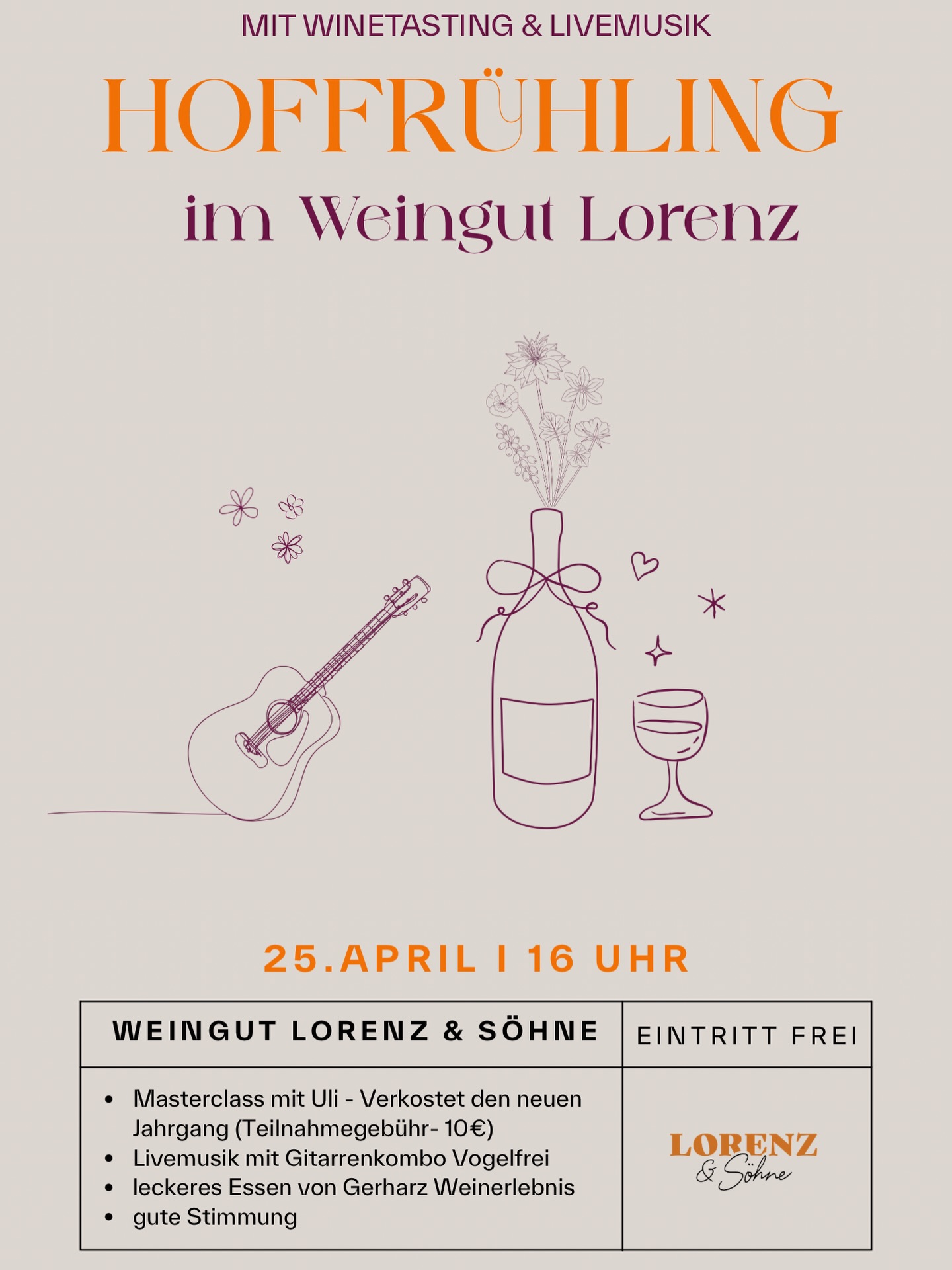 HOFFRÜHLING IM WEINGUT 🌸🍾
Am 25.April ab 16 Uhr laden wir euch herzlich zu unserem HOFFRÜHLING ein - in den Hof und in die Packhalle unseres Weinguts.
Freut euch auf Livemusik von @gitarrenkombo_vogelfrei leckeres Wssen von @peter.gerharz.sommelier und auf eine Masterclass mit @uliderwinzer , bei der ihr ab 16 Uhr den neuen Jahrgang verkosten könnt.
(Teilnahme Masterclass 10€)
Der Eintritt ist frei - also kommt vorbei und genießt den Frühling mit uns! 🤩
Wir freuen uns auf euch! 🧡
#hoffrühling #weingut #nahewein #lorenzundsoehne #weinfest