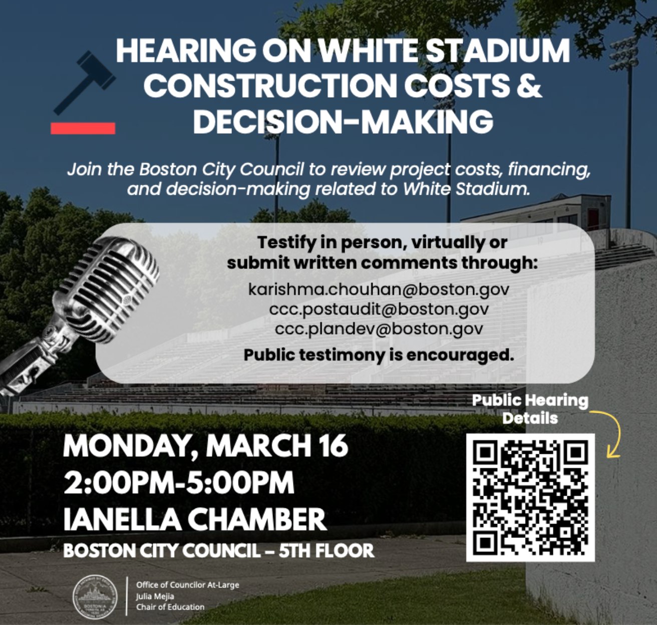 The Boston City Council will hold a public hearing on Monday, March 16, from 2:00 PM – 5:00 PM to review the construction costs and decision-making process related to White Stadium.
Members of the public are welcome to testify and share their perspectives.
📍 Location: Boston City Hall, 5th Floor
Stay engaged. Stay informed. Your voice matters.