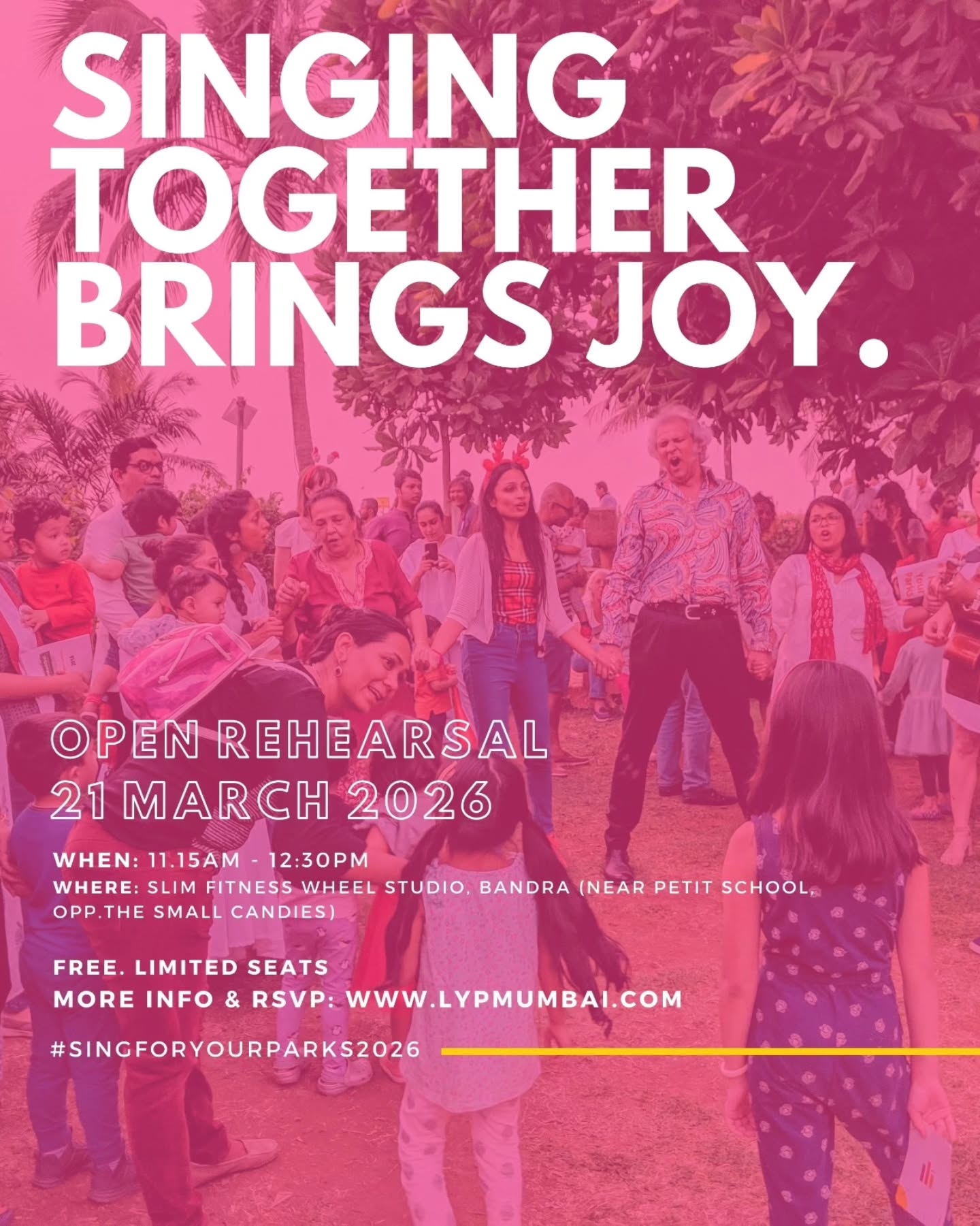 🌱Come one, come all...
Everyone is welcome, everyone is needed. .
We believe now more than ever is the time to come together, be together, sing together, fight together.
Mark your calendars for #SingForYourParks2026
Join us for the open rehearsal and gig, or just straight at the park...
sing with us outdoors on 22nd March, open to all...it's LYPMumbai chorus and friends time!
Special guest performances by Banat, Neel Adhikari, and lots of surprises!
We promise choir director Petra Misquitta is going to make it really fun!
Glimpses from last weekend's #SingForYourParks, we had lots of fun and masti with @capoeiraacademyindia @happiness.unpacked @readwithshagun @oddyelloworkshops
@slack_mumbai @pranjaljohri @slackistan_ @mister_mover @vaibhav_the_yogaboy @the_infiniteplayground @petramisquitta @shai.fy
#singforyourparks #loveyourparksmumbai #loveyourparksdays creativeplacemaking bettertogether citiesforplay music