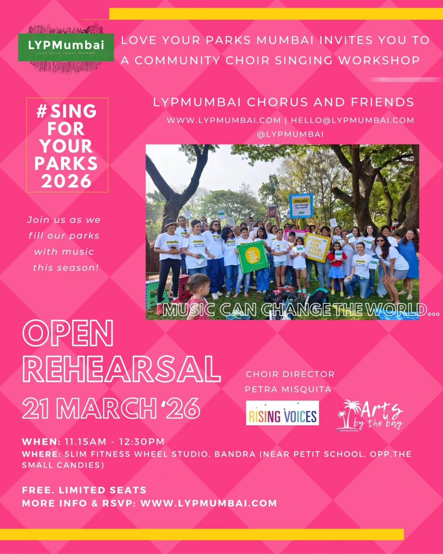 Everyone is welcome, everyone is needed. .
We believe now more than ever is the time to come together, be together, sing together, fight together.
Mark your calendars for #SingForYourParks2026
Join us for the open rehearsal and gig, or just straight at the park...
sing with us outdoors on 22nd March, open to all...it's LYPMumbai chorus and friends time!
We promise choir director Petra Misquitta is going to make it really fun!
Glimpses from last weekend's #SingForYourParks, we had lots of fun and masti with @capoeiraacademyindia @happiness.unpacked @readwithshagun @oddyelloworkshops
@slack_mumbai @pranjaljohri @slackistan_ @mister_mover @vaibhav_the_yogaboy @the_infiniteplayground
.
.
#community #singingtogether #creativeplacemaking bettertogether citiesforplay music