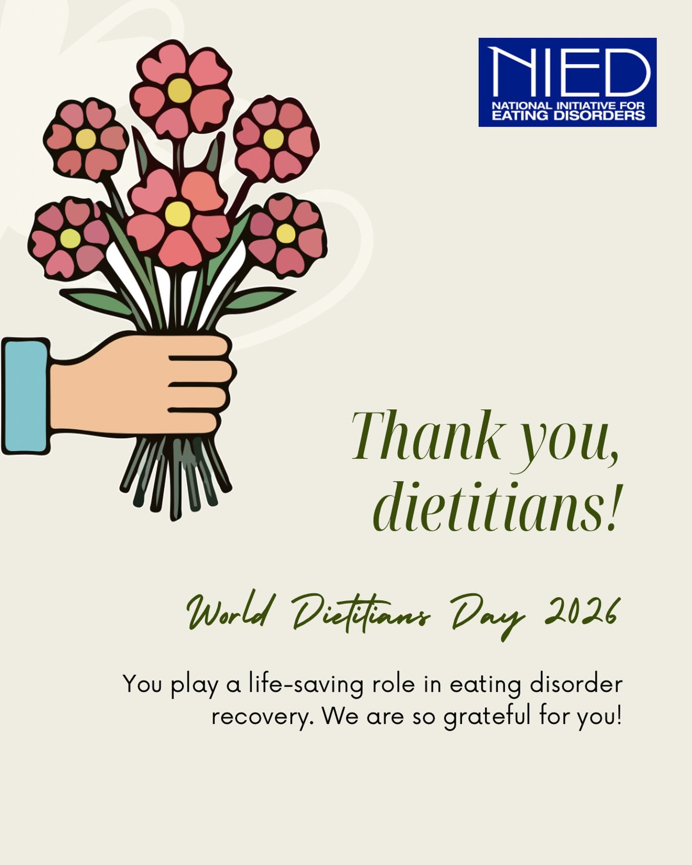 š Today, we celebrate Dietitians Day and recognize the incredible impact dietitians have in eating disorder prevention, treatment, and recovery.
Dietitians are more than nutrition experts. They are compassionate advocates, educators, and essential members of the care team who help individuals rebuild trust with their bodies, challenge harmful food beliefs, and move toward healing.
In eating disorder recovery, food is never ājust food.ā It is deeply connected to identity, culture, emotions, and lived experience. Dietitians understand this. They meet people with empathy, evidence-based care, and a commitment to weight-inclusive, person-centered support.
At NIED, we are grateful for the dietitians across Canada who are working to break down stigma, improve access to care, and support individuals and families on their recovery journeys.
Recovery is possible, and dietitians play a vital role in making that a reality every day.
Thank you for the care, knowledge, and compassion you bring to this work.