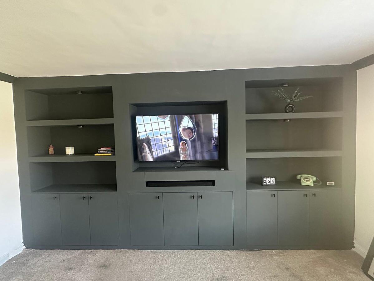 Full length media wall. Love the colour the customer has gone for 😍. Really enjoyed this project!
