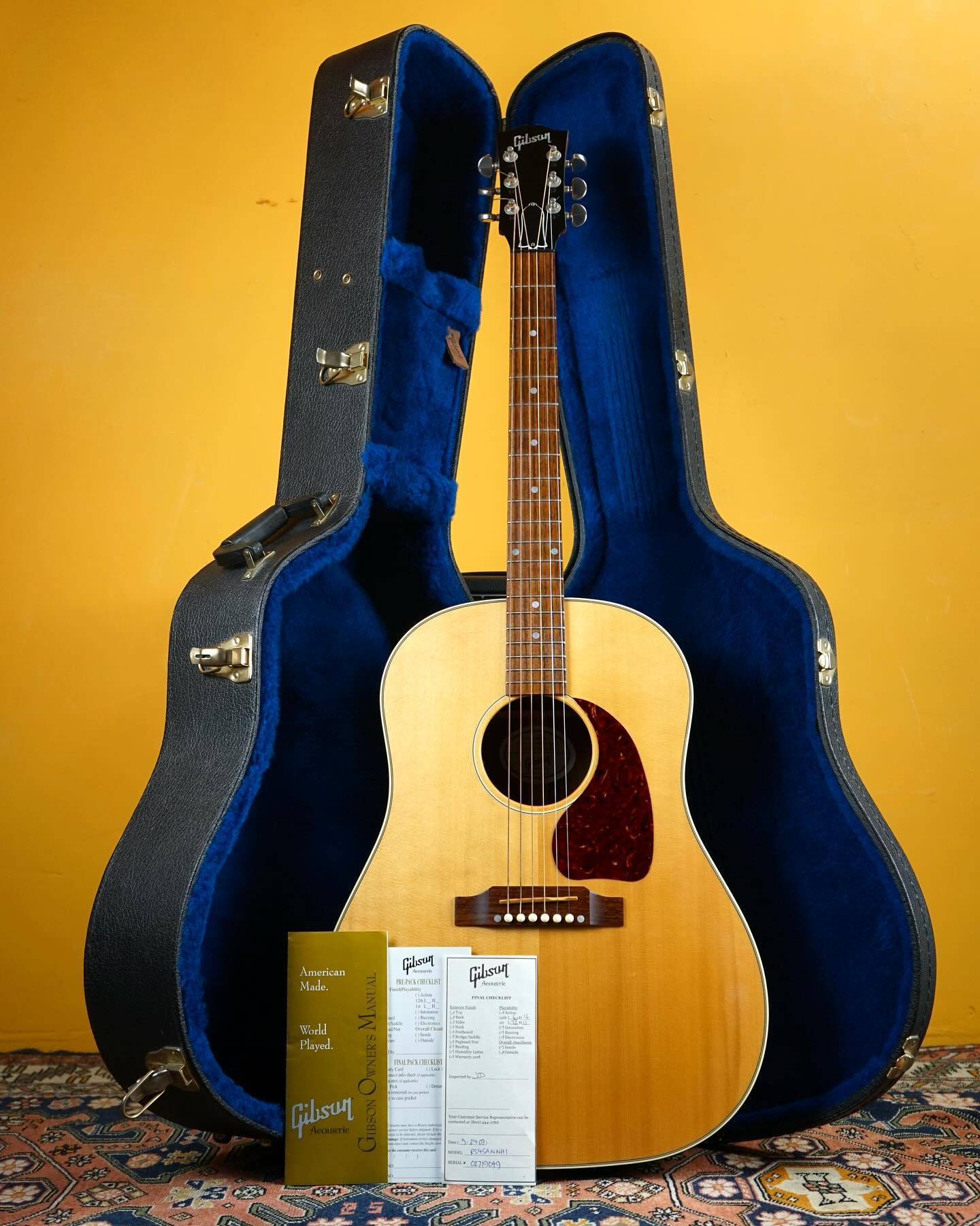 2009 Gibson J-45, Natural finish.
That’s right, a natural J-45! Natural finishes are of course normally reserved for the J-50, so this one’s a little special
Includes original case and factory documentation, etc.