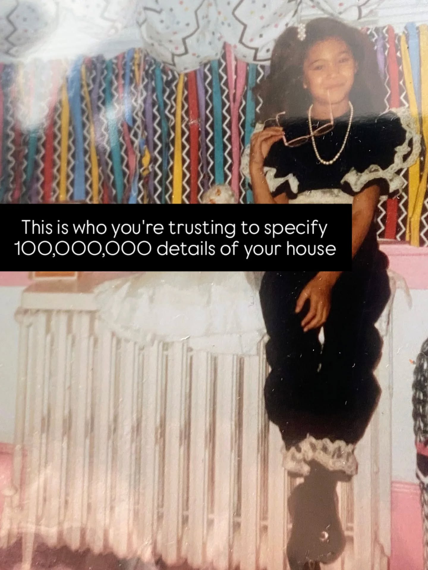 I meant business then. And I mean business now.
Serious question tho - how do these meme trends start?
Here's an excerpt from an old blog post on the preciousness of one's childhood room:
I suppose growing up in a home that was always in flux – my mother was constantly entertaining her own design whims – pushed me to form those strong opinions at a pretty early age. My mother also entertained MY design whims, allowing me to redecorate my room (and I mean major overhauls) at least four times that I can remember. Throw pillows were established as a medium of self expression by the time I was 6.
As a child, I had hot pink wall-to-wall carpeting. My comforter and matching curtains had a wild, multi-colored confetti pattern all over. I can still remember arranging my dolls and stuffed animals on my bed just so. (This peak 80s moment shown above).
When I was properly a “tween,” before such an age group existed as a target market, I graduated to a charming lilac floral print with light grey-violet walls and dark, hunter-green carpeting. Classic.
The final version of my bedroom happened when I was a freshman in high school. This time, instead of ordering the complete bedroom set from a catalog (remember catalogs!) as we had done before, I went to the fabric store and picked out several complimentary textiles. I was going custom for the first time and I’ve never gone back. I chose a dramatic, neo-classical style floral with giant peonies printed on cotton twill. I picked a delicate white lace and a burgundy silk brocade as accents. The carpet came up for good and I oiled the now exposed hardwood floors myself. I painted the walls a chalky, ultra pale yellow. My kiddy daybed was replaced with a full-sized four-post canopy on which I strung tiny white Christmas lights around. This room was romantic and "sophisticated" with whimsical touches. It was an emo-adjacent adolescent’s dream! I spent the next four years locked in that room hating pretty much everything except the content of those four walls. It was likely in that period of my life that I truly learned that a space can be a sanctuary (and the value of a closed door. )
#interiordesign