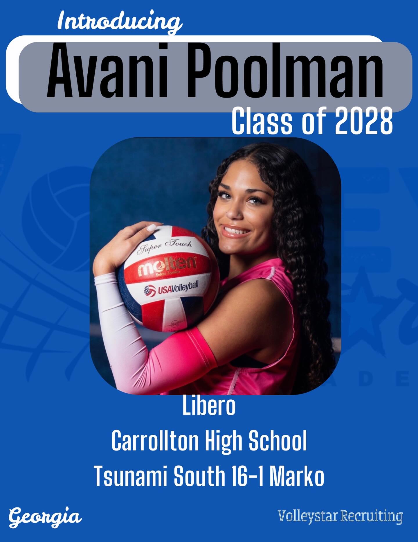 ✨ INTRODUCING AVANI POOLMAN✨
Avani is a libero that brings a ton of heart to the court. She has strong defensive skills, great court awareness, and consistently performs at a high level in serve receive.
Avani plays club for Tsunami South 161 Marko and attends Carrollton High School where she was recently named MVP for the 2025-2026 high school season.
We are so excited to get to work with Avani in her recruiting journey!
Avani is an athlete that has a considerable amount of high school, club, and academic honors.
Her accolades include:
✨4.0 GPA
✨All Honors Courses
✨Currently taking Dual Enrollment
✨Voted 2nd Team All Region for her high school (2025-2026 season)
✨Named MVP of her high school team for the 2025-2026 Season
✨First Sophomore in high school history to beat the total digs record with 358 digs on the season