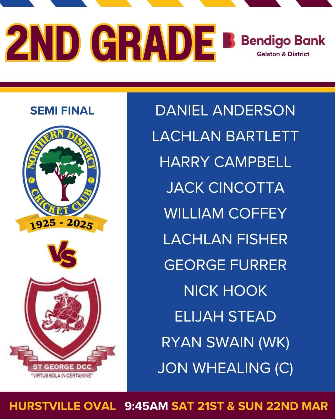 Men’s Teams are in! 🌳
Proudly brought to you by Bendigo Bank – Galston & District