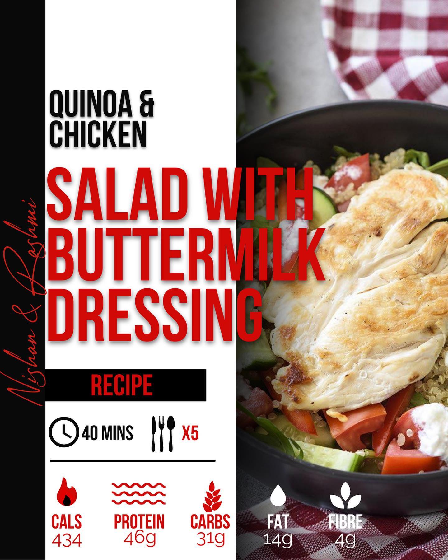 This chicken & quinoa salad has 46g protein per serving and just over 400 calories per serving - a great choice if you’re on journey to get in shape!
We’ve had some great feedback on our recipes, please tag us if you make them or send us through your food pics, we’d love to see them!
Hit save to easily come back to try this recipe later!