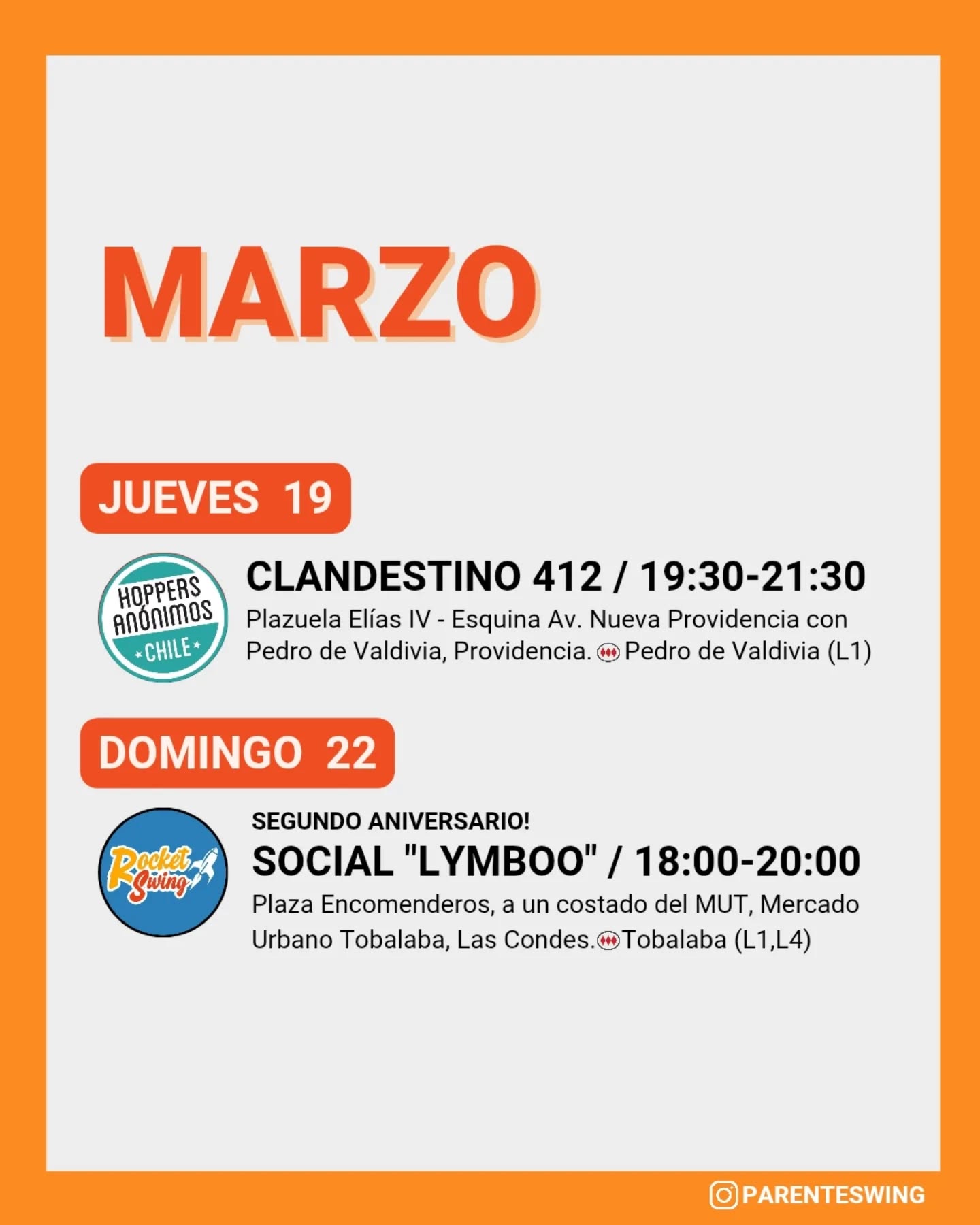 ✨Todos los eventos son gratuitos y abiertos a todo público, a menos que se indique valor de entrada 💸
‼️Cualquier modificación o nuevo evento en los comentarios👇🏻 y/o por historias 👆🏻
🤔 Qué es un Clandestino o Baile Social?
Una instancia donde fanáticos de los bailes swing (Lindy hop, Balboa, Shag, Solo jazz) se reunen a compartir, hacer comunidad y a la vez, practicar.
❌ Las actividades publicadas NO son instancias de clases para aprender a bailar, a menos que se indique “Taller” o “Clase Abierta”.
👀 Quieres aprender a bailar?
En nuestra historia destacada “CLASES” está toda la información y formularios de inscripción a los cursos del mes de las escuelas de bailes swing ✨
Nos vemos en la pista! 💃🏻🕺🏻🔥
#lindyhopchile #swingchile #panoramasgratis #swingdancechile #swingdancingchile