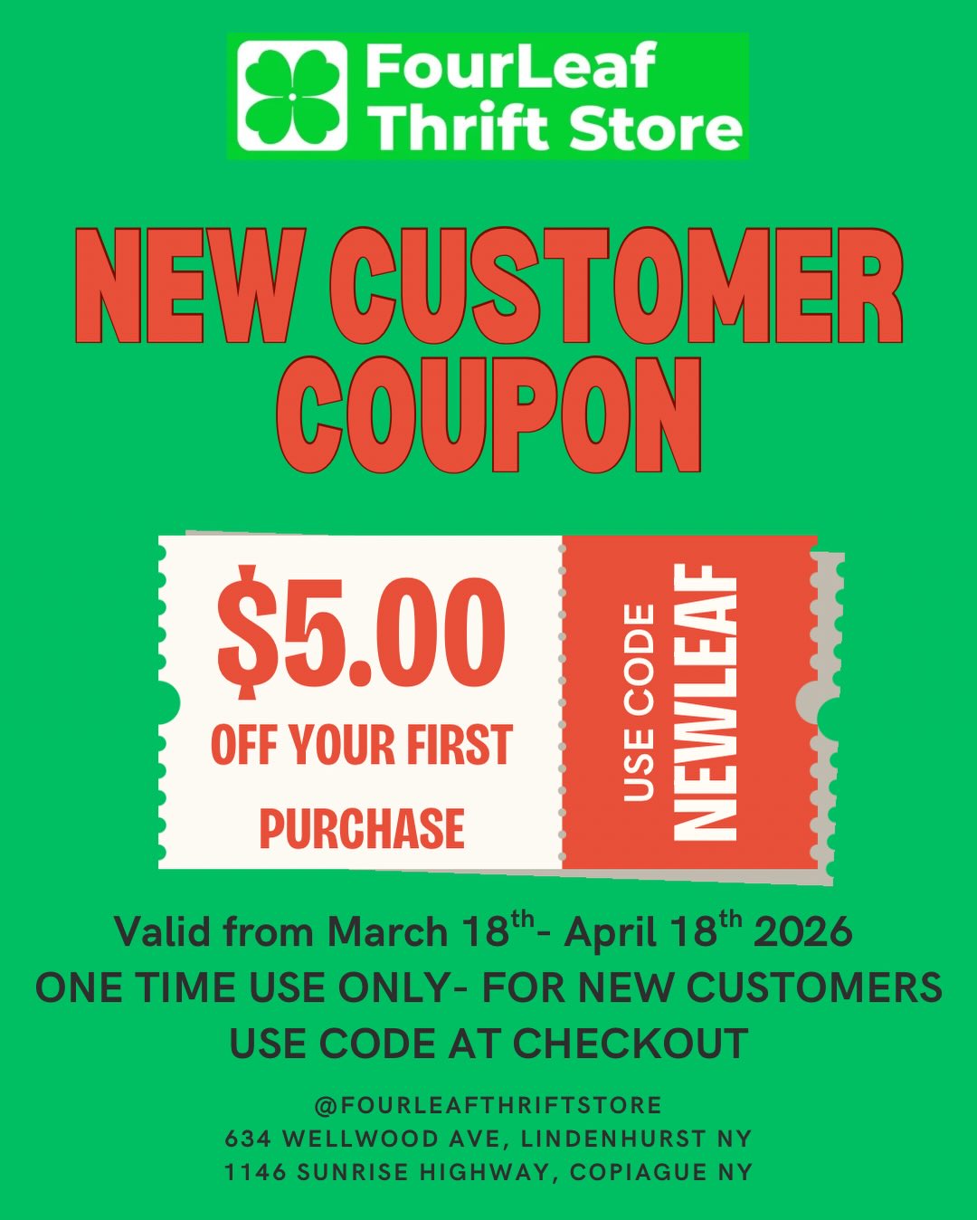 Here’s a social media exclusive coupon for all of our amazing online supporters!! If you’re a first time customer, come show the code NEWLEAF at checkout for $5 off your purchase!! If you’re a returning customer, show the code FOLLOWER20 for $5 off of any purchase $20 or higher!! Note that coupons do NOT stack!! Thank you again and we hope to see you soon!!❤️🍀