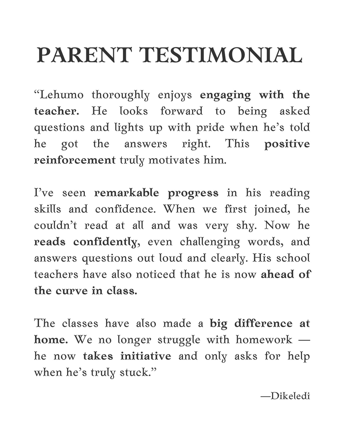 Testimonial from a Parent ✨
“From not reading at all to confidently reading challenging words.” Lehumo’s confidence and love for learning has grown so much, and his teachers have even noticed he is now ahead of the curve in class.
Sign up your child for our English reading classes today:
🌐 www.ntombibhengu.com
📚