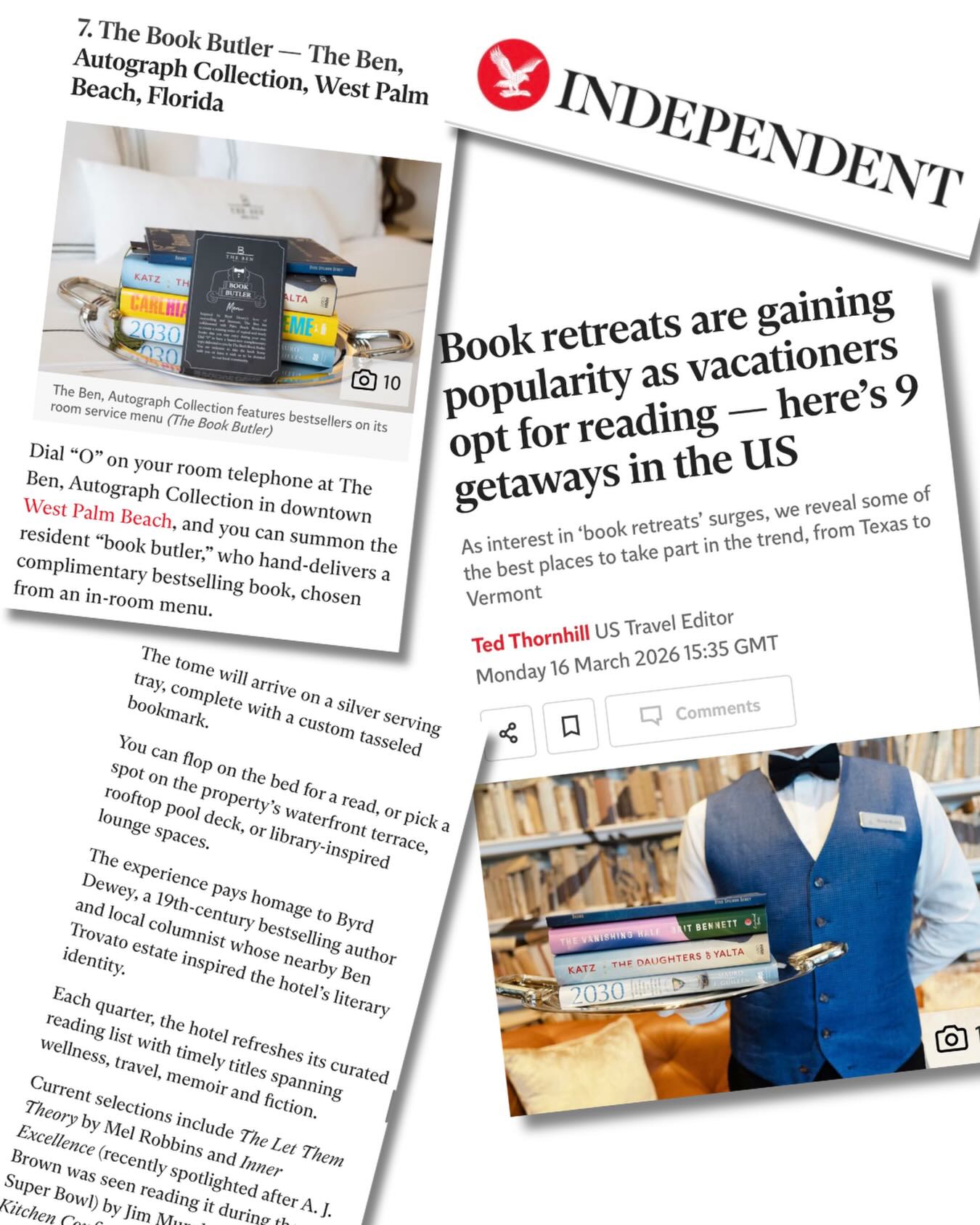 For this story in @the.independent about the best places to enjoy the trending "book retreat" experience, travel editor @ted.thornhill highlights @thebenwestpalm and it's beloved Book Butler program, which presents guests the opportunity to receive a complimentary bestselling book, chosen from an in-room menu, hand-delivered to their room... by the resident Book Butler, of course.
Thx @erica_badgley for your support on this one.
Read the full list of top "reading retreats" for 2026 at independent.co.uk.