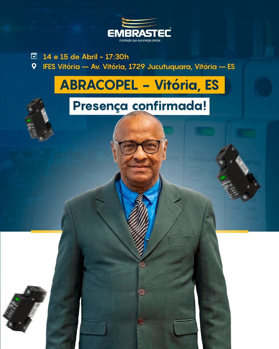 Abril é mês de segurança com a eletricidade.
Nos dias 14 e 15 de abril, a Embrastec acompanha o Encontro de Profissionais Conscientes e Seguros, promovido pela Abracopel, em Vitória/ES, no IFES Vitória.
O evento reúne especialistas, lideranças e profissionais do setor para discutir segurança com a eletricidade, prevenção de acidentes, boas práticas técnicas e temas atuais como riscos elétricos, inspeção de instalações, NR-10 e infraestrutura para carregadores de veículos elétricos.
Seguimos conectados aos debates que impulsionam um setor elétrico mais seguro, eficiente e responsável.
Nos vemos em Vitória.
#Embrastec #Abracopel #SegurançaElétrica #SetorElétrico #NR10 #Infraestrutura #Energia #CidadesInteligentes #Prevenção #VitóriaES