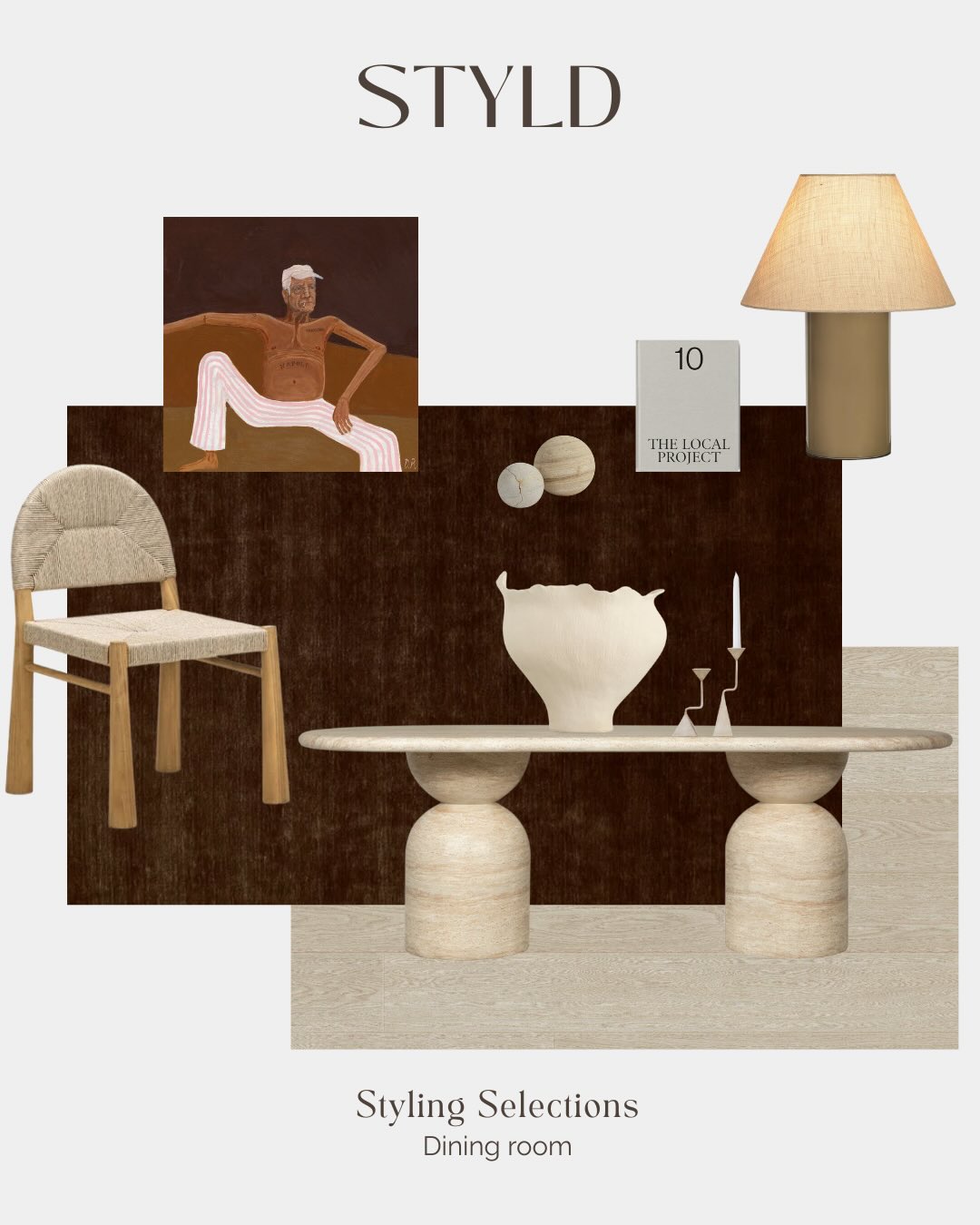 Styling selections designed to elevate not overwhelm.
A warm, tonal dining moment curated to help buyers feel at home instantly.