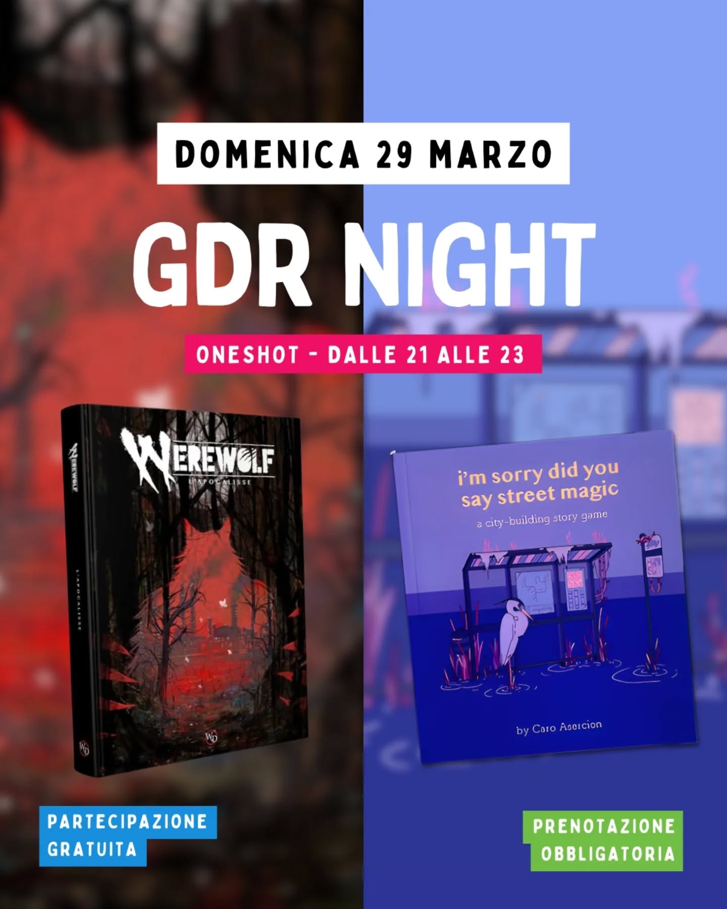 Vieni a giocare di ruolo al Nox!
Domenica 29 è GDR NIGHT 🎲
due mini sessioni oneshot dalle 21 alle 23 circa 👇👇
Le ferite del Monte del Lupo 🐺 (Werewolf - l'Apocalisse) con @d_and_dario
Mentre le ruspe di un'avida "riqualificazione edilizia" sventrano uno dei luoghi più oscuri della storia di Montelupo, un veleno innaturale inizia a infettare le terre sacre del Branco, e la mente degli innocenti.
Dovrete dare la caccia a una corruzione che sa di scorie e disperazione, prima che i peccati di un secolo di intolleranza e abusi si risveglino per soffocare per sempre il territorio
I'm sorry did you say street magic 🐦 con @dott.tara
Un gioco collaborativo dove l'obiettivo è quello di creare insieme una città organica e profonda. Partendo da delle tematiche condivise si vanno a costruire ed esplorare i quartieri, gli edifici che li compongono fino anche a conoscere i singoli residenti.
Un gioco dove la collaborazione è fondamentale!
Scegli la tua avventura e prenota! 📲 Scrivici qui o al 351 694 1458
La partecipazione è completamente gratuita ma i posti sono limitati!
📍Nox&Hop - Viale Ivo Montagni 190 Limite sull'Arno (FI)