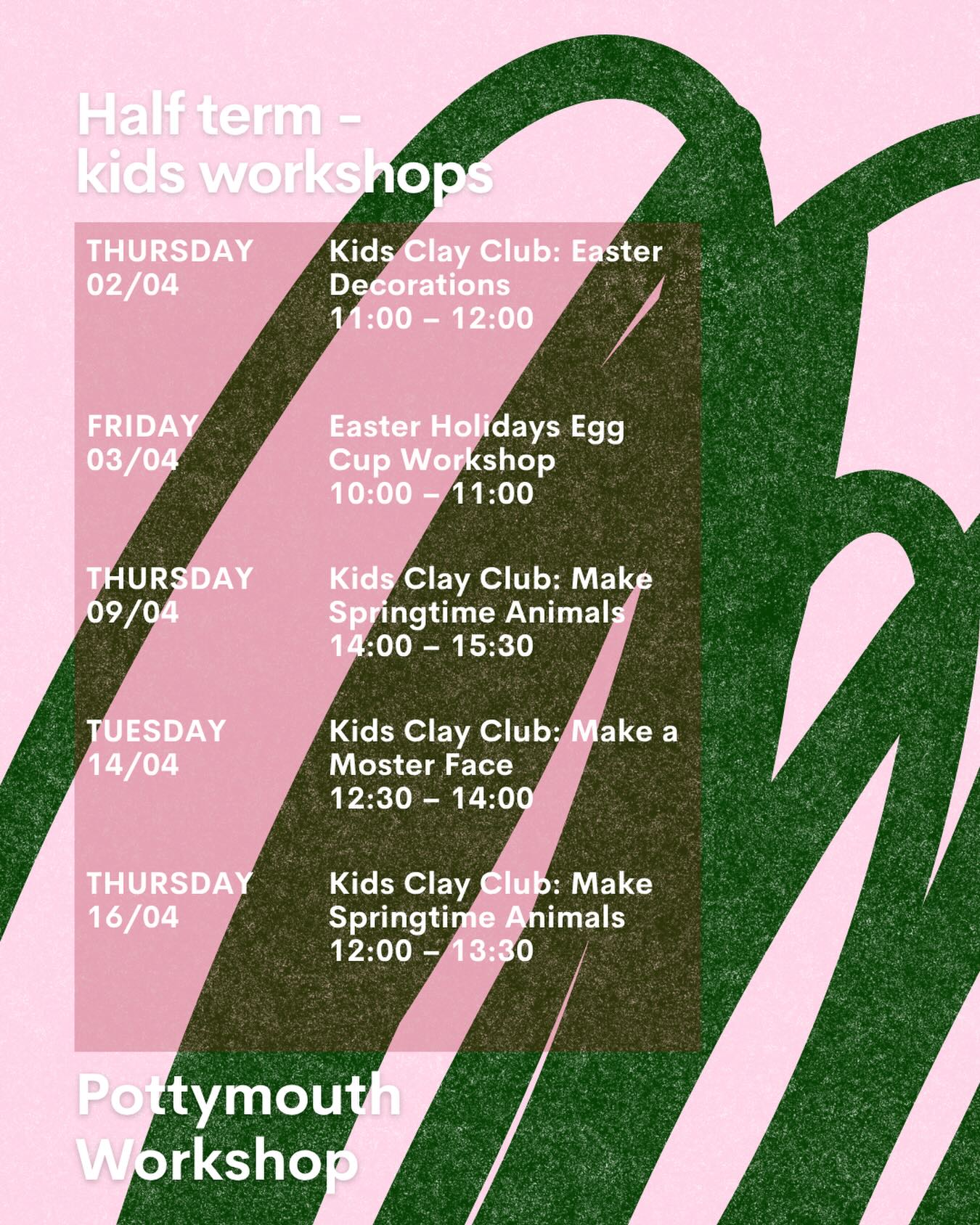 ✨half term potteryworkshops✨
✨looking for something creative this half term?🎨✨
✨we have a range of pottery workshops for the Easter hols, perfect chance for little makers to get hands on with clay, try new skills and create something they’ll be proud of!✨
✨we’ll be exploring different handbuilding techniques making unique pieces in air dry clay to take home on the day✨
✨tickets on our website - pottymouthworkshop.com✨