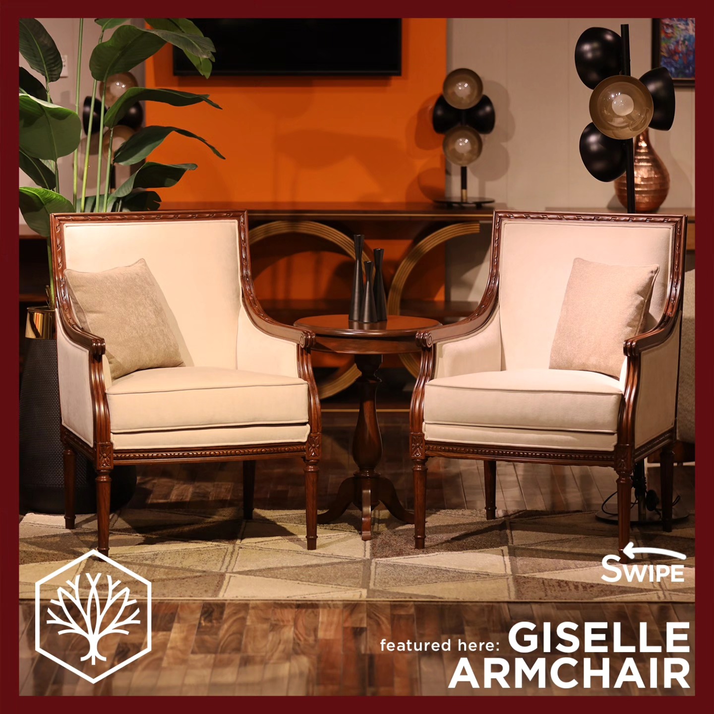 With graceful fluting, scroll arms, carved rosettes, and elegantly turned legs, the Giselle chair embodies the essence of Neoclassicism, while its clean, linear back lends a distinctly modern edge. Expertly crafted from kiln-dried solid hardwood, Giselle offers a timeless yet refreshed interpretation of a classic design.