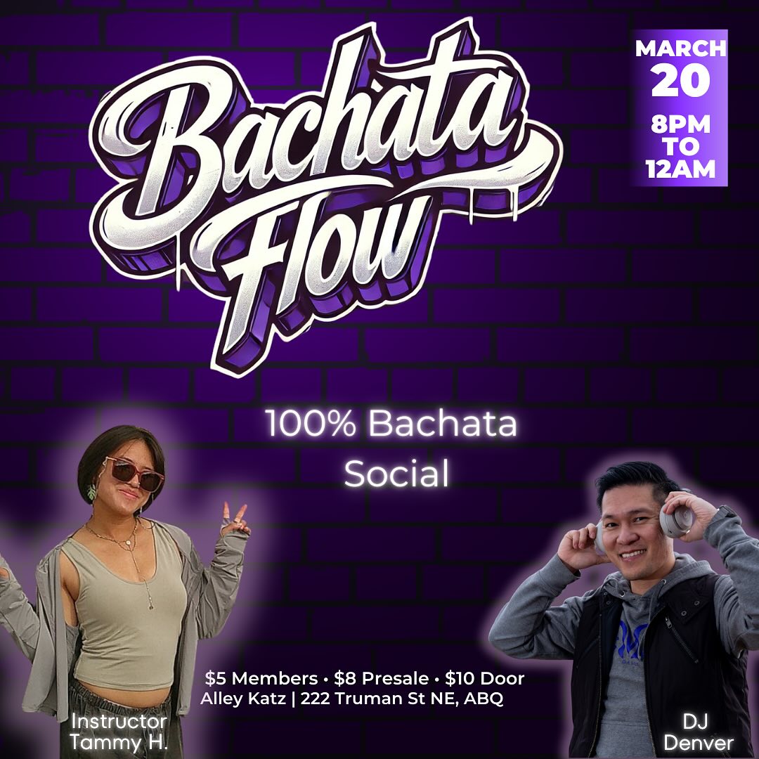 💃🏽BACHATA FLOW SOCIAL💃🏽
📆 Friday, March 20th | ⏱️ 8pm-12am
📍 222 Truman St NE, Albuquerque, NM 87108
✨ Bachata Class by Tammy H.
🎧 Music by DJ Denver
🎟️ $10 at the door or pre-register (link in bio)
#mettadancecollective #bachataflownm #nmbachataflow #bachatatasocial #socialdancing