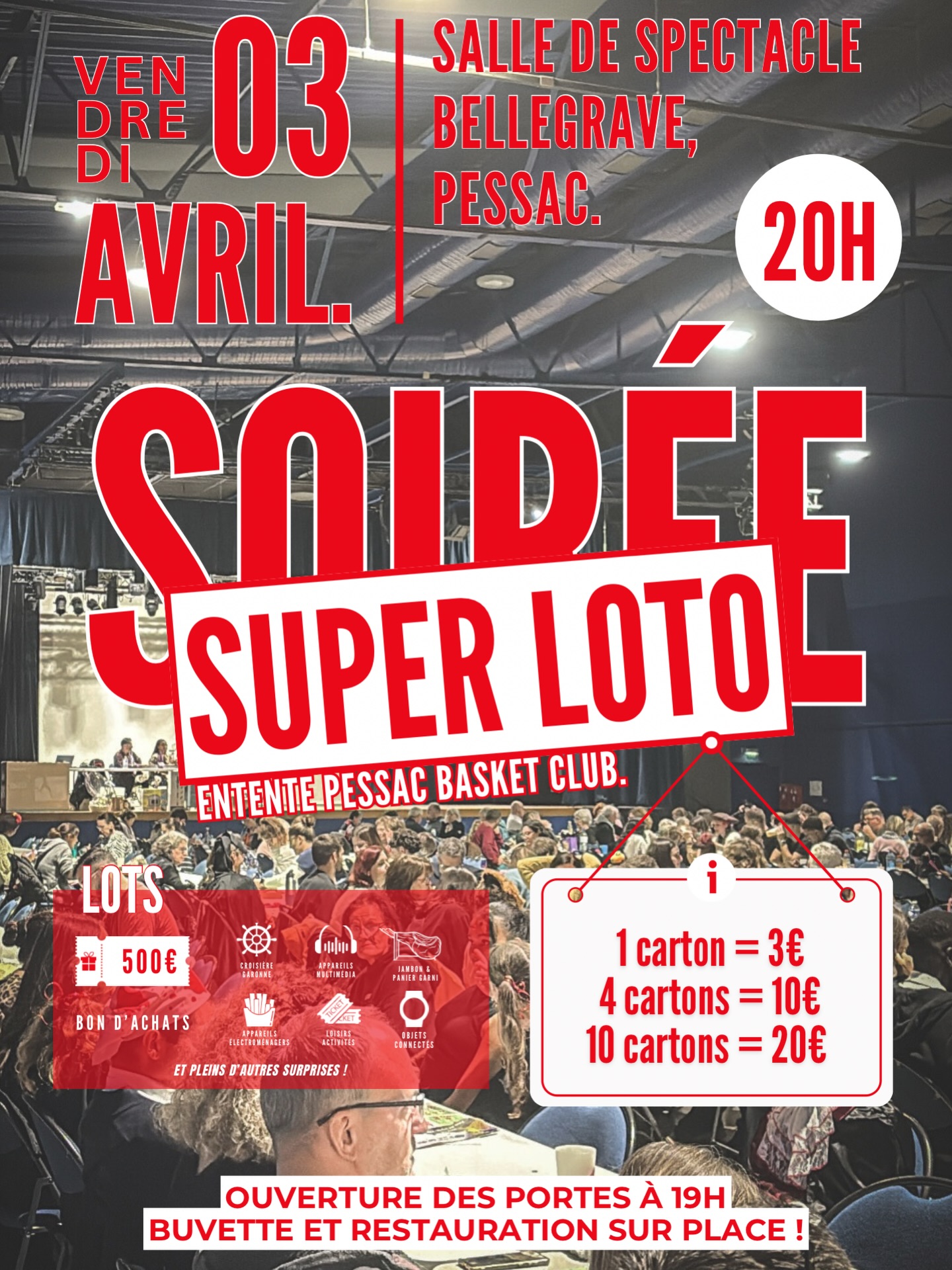 🎉 PRÊT À TENTER TA CHANCE ? 🎉
Le SUPER LOTO de l’Entente Pessac Basket Club arrive à grands pas ! 🔥
📅 Vendredi 3 avril
📍 Salle de spectacle de Bellegrave – Pessac
🕗 Début à 20h (ouverture des portes dès 19h)
💥 Des lots incroyables à gagner :
💶 Bons d’achat, électroménager, objets connectés… et plein de surprises !
🎟️ Des prix accessibles pour maximiser tes chances :
• 1 carton = 3€
• 4 cartons = 10€
• 10 cartons = 20€
🍔 Buvette & restauration sur place pour passer une soirée conviviale entre amis ou en famille !
👉 Ambiance garantie, suspense à chaque numéro… et peut-être LE gros lot pour toi !
Venez Nombreux et Ne ratez pas l’événement ! 🏀✨