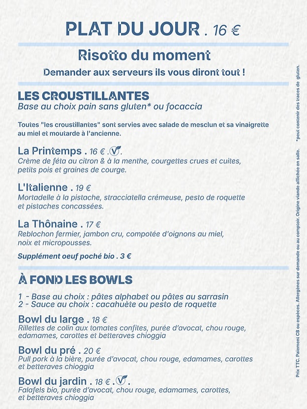 LE PRINTEMPS DÉBARQUE À LA CANTINE
Nouvelle carte du midi, nouvelle carte tapas,
Frais.
Gourmand.
Ensoleillé. •••••••••••••••••
À découvrir dès demain.