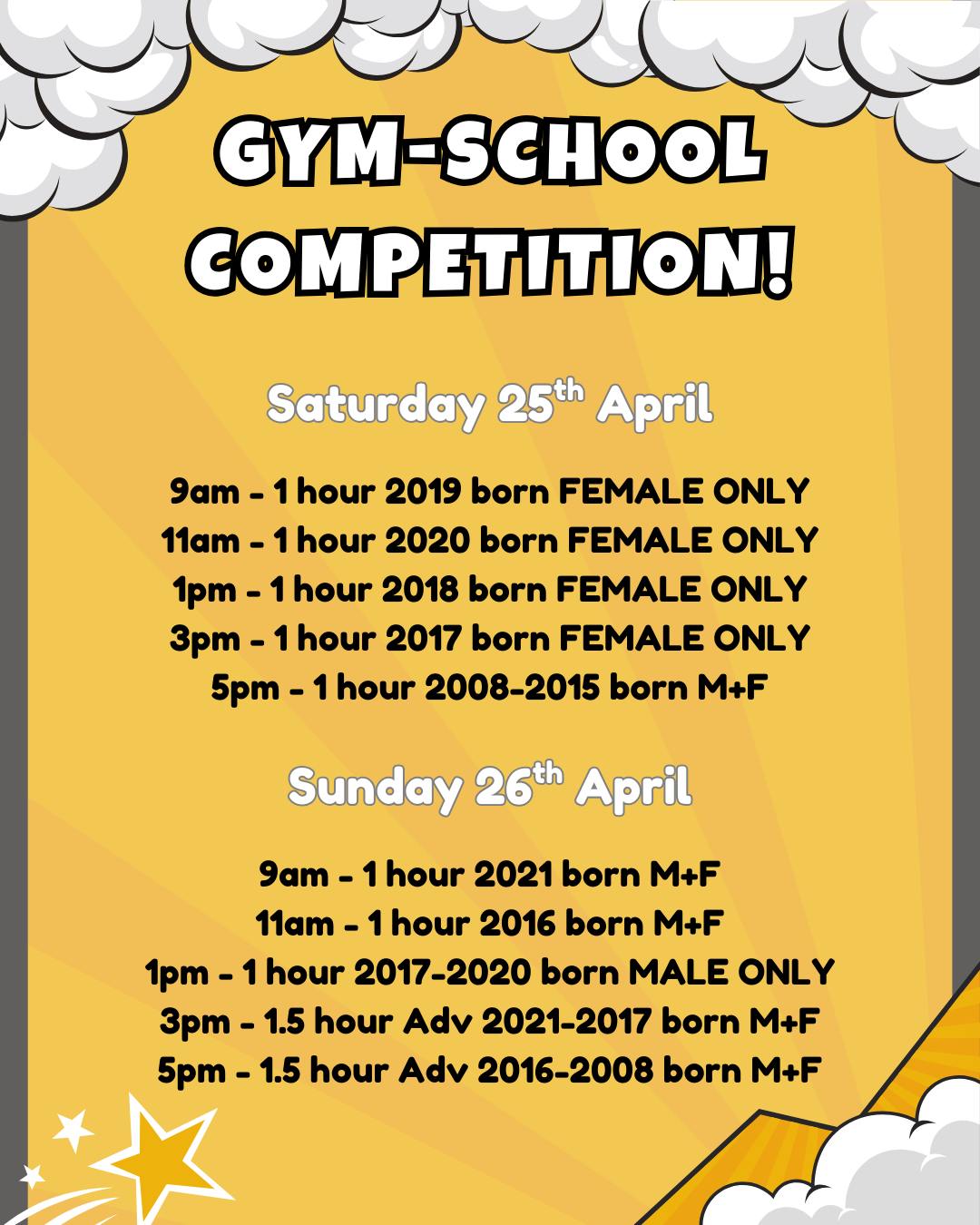 It’s Competition Time! 🤸♂️✨
We are so excited to announce our upcoming Gym-School Competition on Saturday 25th & Sunday 26th April! This is the perfect chance for our gymnasts to showcase everything they’ve been working on.
📝 Please check the schedule carefully! We have specific slots across both days based on birth year and category.
🎟 Tickets: Don't miss out on cheering them on! You can purchase the tickets through our link in the bio.
#SEGC #GymnasticsCompetition #EssexGymnastics #YouthSport #GymSchool