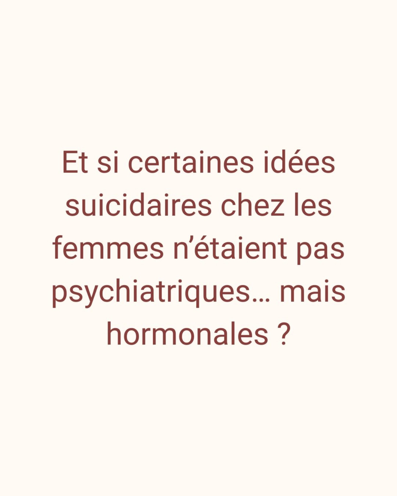 Suite à mes publications sur la campagne de la Confédération sur le sujet de la violence, je souhaite mettre en lumière un article de @livhendrikspsyc Hendriks O. et al., 2025 portant sur un angle encore trop peu exploré : le lien entre ménopause et risque suicidaire.
Les données montrent que certaines femmes, sans antécédents psychiatriques, peuvent présenter des idées suicidaires lors de la périménopause.
Une réalité qui interroge : et si, dans certains cas, ce que nous interprétons comme une souffrance psychique relevait aussi d’un déséquilibre hormonal ?
Cette étude rappelle une évidence encore trop souvent ignorée : la santé hormonale et la santé mentale sont intimement liées.
Mieux reconnaître ces enjeux, c’est améliorer le diagnostic, éviter les erreurs d’interprétation et proposer une prise en charge adaptée.
👉 Étude : Hendriks O. et al., 2025
🔗 https://pubmed.ncbi.nlm.nih.gov/40626330/
@newson_education @menopause_doctor