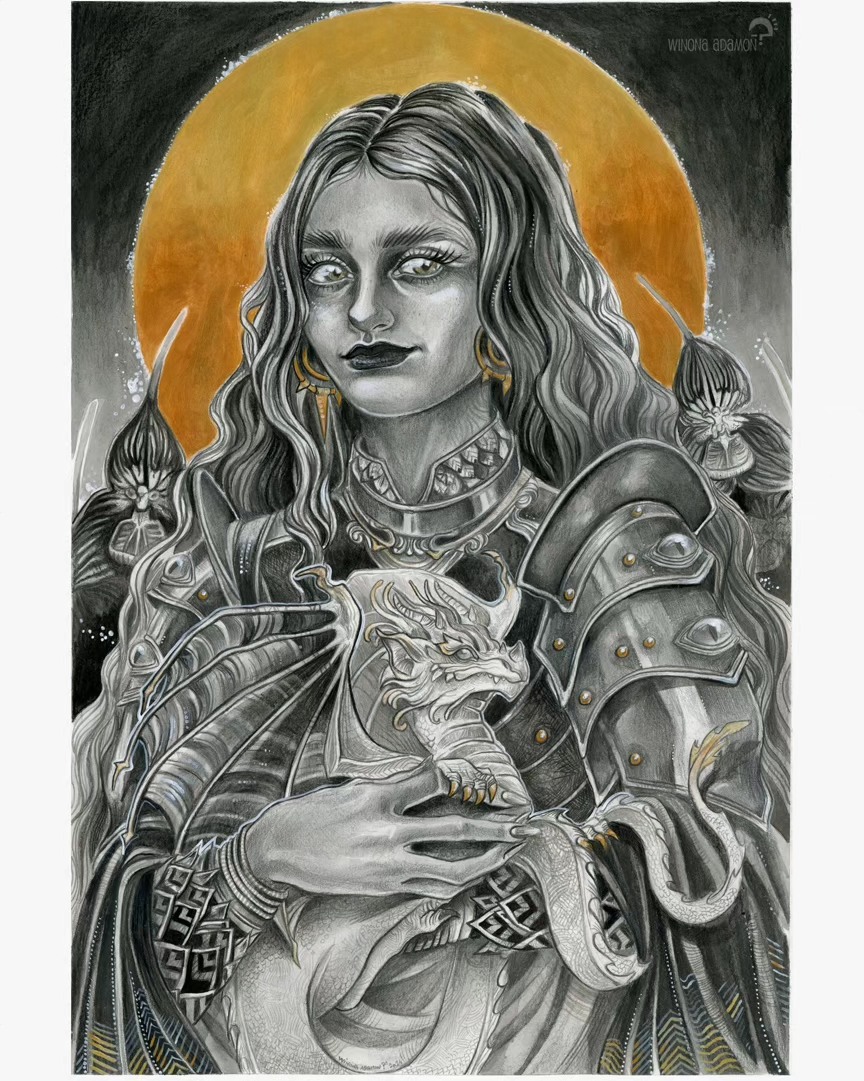 ~*Drăculea*~
-
🇬🇧 "Why would I need a valiant knight when I can be one myself and soothe my inner dragons without resorting to violence?"
A Lady with a Dragon inspired by Leonardo da Vinci's Lady with an Ermine, also a Mona Lisa vibe. Dracula, which means Little Dragon (or Son of the Dragon in Romanian) is also the name of a kind of orchid.
-
🇫🇷 "Pourquoi aurais-je besoin d'un preux chevalier alors que je peux l'être moi-même et apaiser mes dragons intérieurs sans faire usage de la violence?"
Une Dame au Dragon inspirée de la Dame à l'Hermine de Leonard de Vinci avec des vibes de Mona Lisa. Dracula, qui signifie Petit Dragon (ou Fils du Dragon) en roumain est aussi le nom d'un espère d'orchidée
-
A3 (29,7x42 cm) with white borders/avec marges blanches
Medium/Support: Graphite and acrylic on paper/graphite et peinture acrylique sur papier
-
🌟 The auction "Dragons & Opalescent Dream" of the @stardustartists collective is now open on Facebook !/L'enchère " Drangons & Rêve Opalescent" du collectif @stardustartists est en cours sur Facebook ! 🌟https://www.facebook.com/StarDustArtCollective (or in my linktree)
🇬🇧 Don't hesitate to head over to facebook to take part in a very special tombola created just for the occasion! You can win an assortment of prizes (stickers, prints and small originals) from participating artist members ✨
To enter, all you have to do is leave a comment under each work in this auction - each comment increases your chances - it's up to you! 😉
🇫🇷 Aussi, n'hésitez pas à vous rendre sur facebook pour participer à une tombola toute spéciale créée à l'occasion ! Le prix : un assortiment de lots (autocollants, tirages et petits originaux) offerts par les artistes membres du collectif. ✨
Pour participer, il suffit de laisser un commentaire sous chaque travaux de cette mise aux enchère - chaque commentaire augmente vos chances - à vous de jouer 😉
-
--
---
#traditionalillustration #monochromatic #fantasy #fairy #dragon #fantasyartist #spirit #witch #witchyvibes #illustration #contemporarydrawing #illustrationdrawing #art #artwork #frenchartist #artistefrançaise #womenartists #pencildrawing