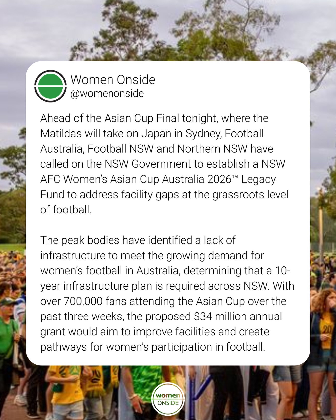 Women Onside supports this call for long term investment in the game.