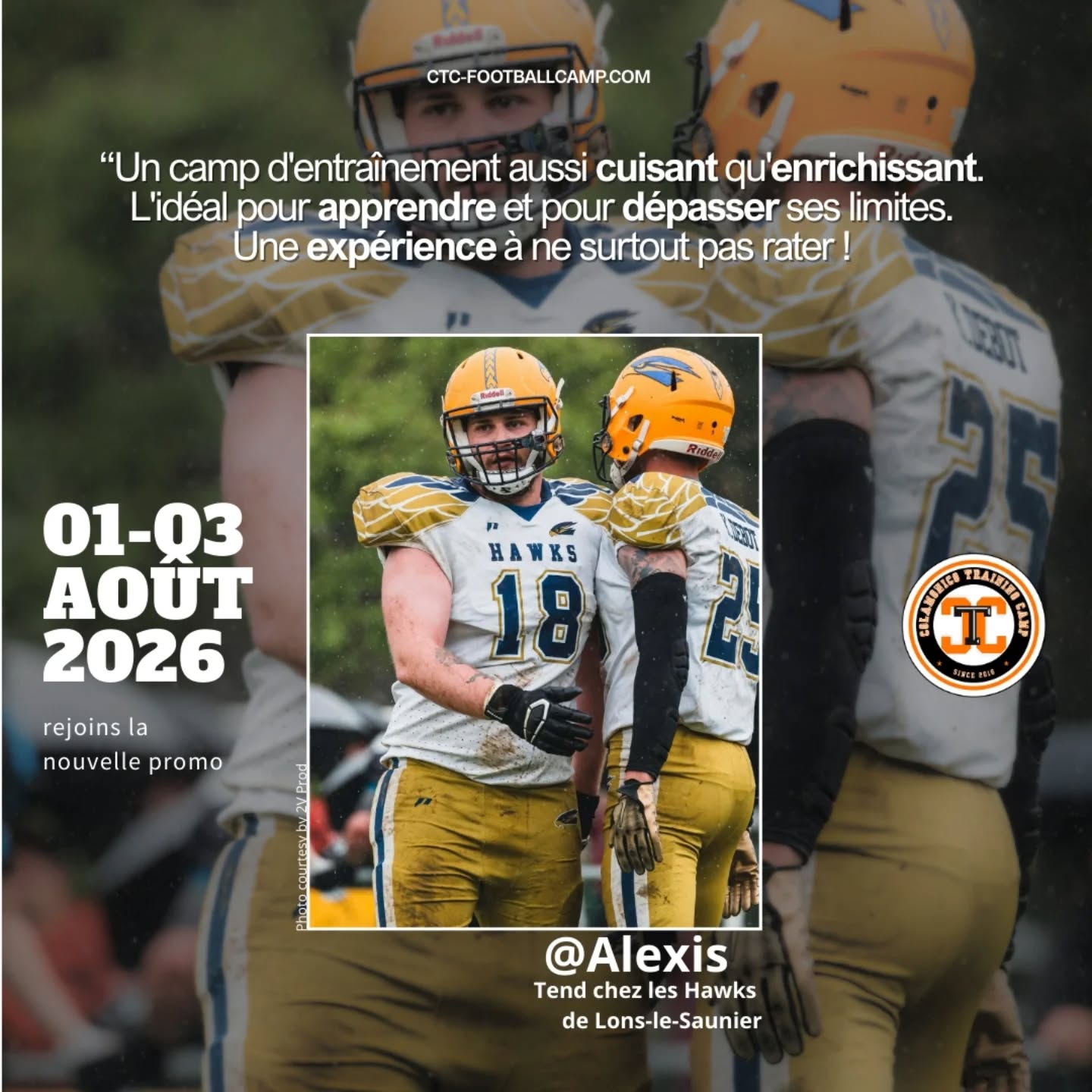 🏈 𝗥𝗘𝗧𝗢𝗨𝗥 𝗗’𝗘𝗫𝗣𝗘𝗥𝗜𝗘𝗡𝗖𝗘 𝘾𝙏𝘾 - Il y a quelques années, @alexis_dbt_ était au CTC. Aujourd’hui, il évolue chez les @hawks.jura
Son passage au camp l’a marqué. Merci à lui pour ce témoignage !
Le CTC, c’est plus qu’un camp :
• Des joueurs motivés venant de partout en France
• Une team de coachs incroyables
• De la passion et du fun sur le terrain
💪 Alexis est la preuve que le camp fait grandir le foot US français et inspire la nouvelle génération. Et toi, t’as déjà participé au CTC ? Raconte-nous ton souvenir 👀