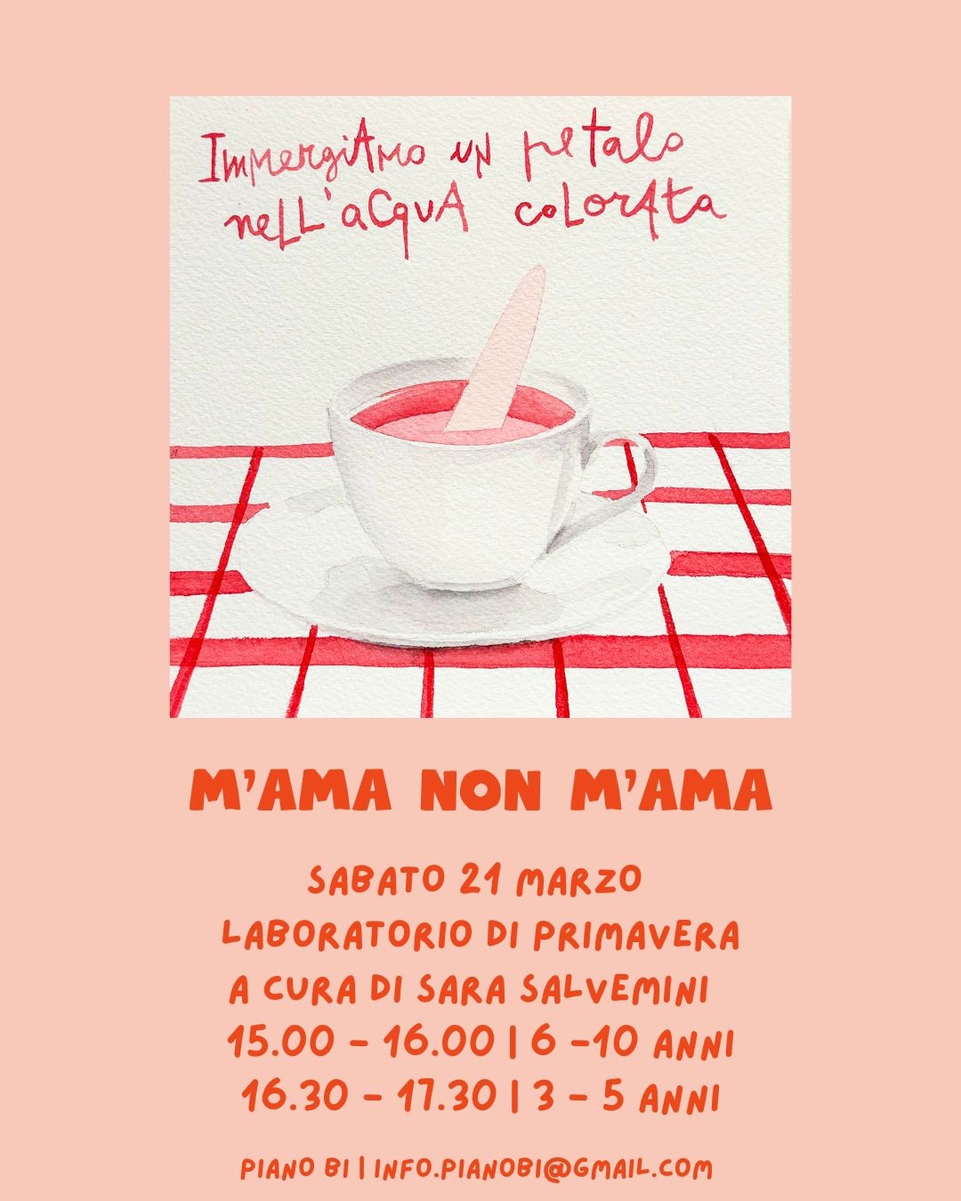 LE GIORNATE SI ALLUNGANO E SI RESPIRA ARIA DI PRIMAVERA 🌸
Festeggiamo la bella stagione con un programma di laboratori speciali ✨
SABATO 21 MARZO “m’ama non m’ama” a cura di @sarasalveministudio
MARTEDÌ 14-21-28 APRILE “bad artist club” pennelli e vinelli con Alle
SABATO 18 APRILE “volti di stoffa” a cura di Nina
Scrivi a info.pianobi@gmail.com per info e prenotazioni
Via Gaudenzio Ferrari 8 - 20123 Milano