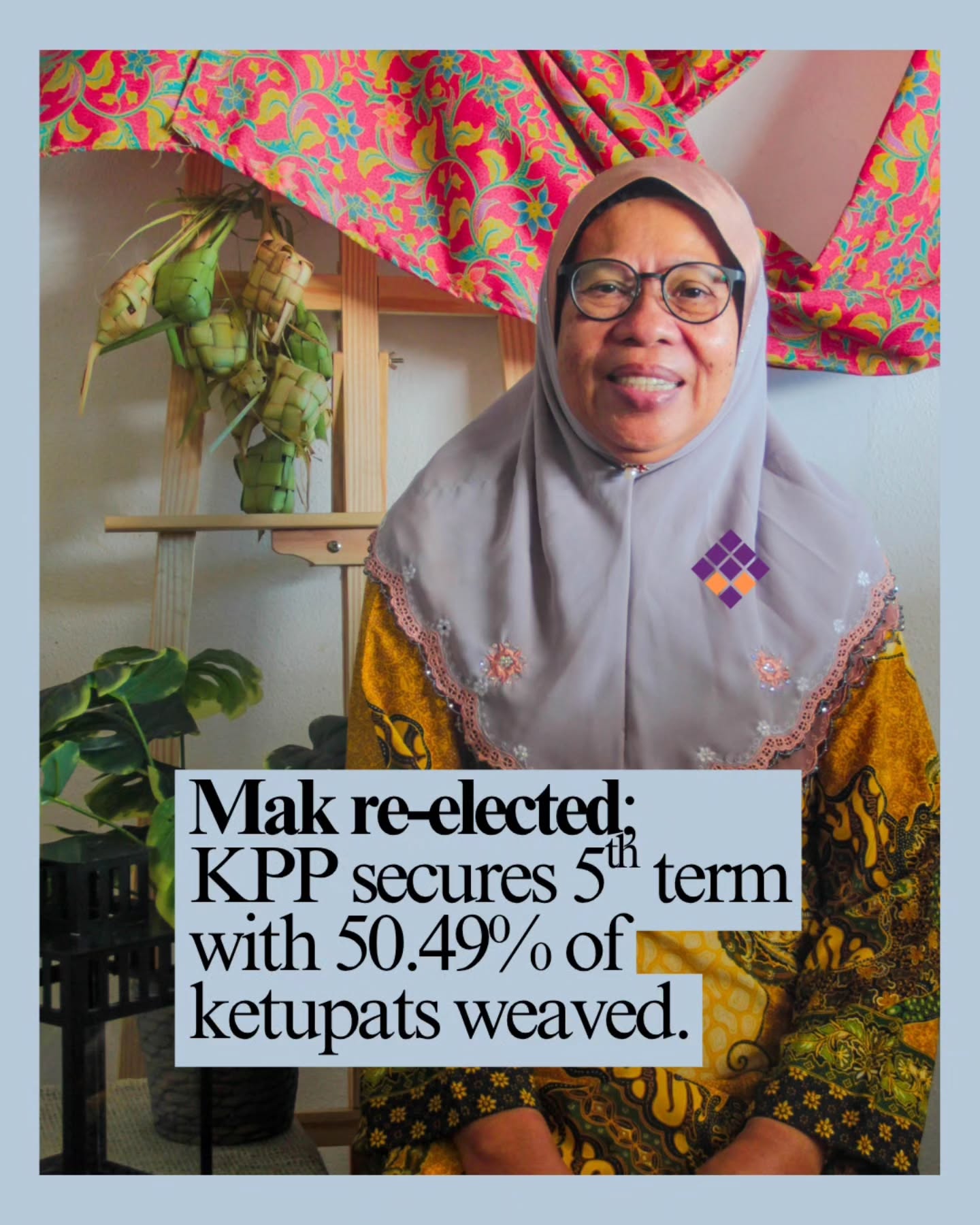 FINAL RESULTS for KETUPAT ELECTION 2026:
Mak (KPP): 52 ketupats (50.49%)
Wan (KBP): 51 ketupats (49.51%)
Total ketupats weaved: 103 ketupats
Mak from the Ketupat Pasar Party is re-elected for the 5th term, with a very narrow victory margin of 0.98%. Wan from the Ketupat Bawang Party concedes and congratulates his mother on her mandate, while encouraged by his strongest electoral performance in three years.