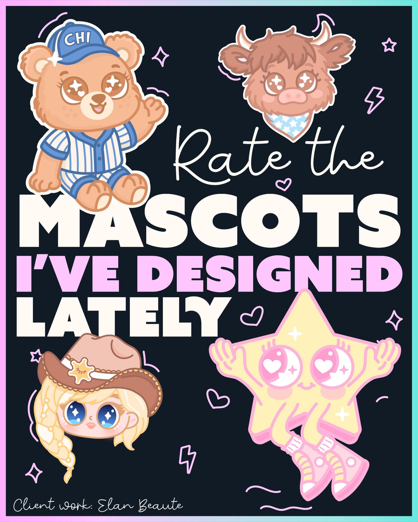 I’ve been having so much fun designing these mascots for Elan Beauté 🧸✨
Each character was created to match a different vibe and bring a little personality into their universe — from rodeo moods to sporty cuties, and now a little Hollywood star moment ⭐️🎬
It’s always so special to see these characters come to life and become part of a brand’s story.
If you want to discover more, make sure to check out their page and website ✨
And if you’re in the US, you can even experience Elan Beauté in real life by visiting one of their stores 🇺🇸🛍️
Now I’m curious 👀
Which mascot is your favorite? Let me know below ⬇️