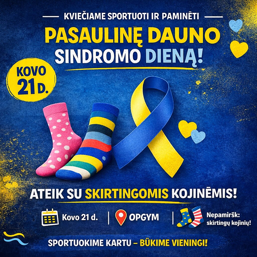 🌈 Kovo 21 d. – Pasaulinė Dauno sindromo diena!
Kviečiame visus ateiti sportuoti ir kartu paminėti šią ypatingą dieną.
Ateik į sporto klubą ir treniruotes mūvėdamas skirtingas kojines – tai draugystės, palaikymo ir įvairovės simbolis. 🧦💛
Parodykime, kad sportas vienija, o skirtumai daro mus stipresnius!
📅 Kada: Kovo 21 d.
📍 Kur: Op!Gym judrumo erdvė
🧦 Nepamiršk: skirtingų kojinių!
Sportuokime, palaikykime ir skleiskime gerą nuotaiką kartu! 💪