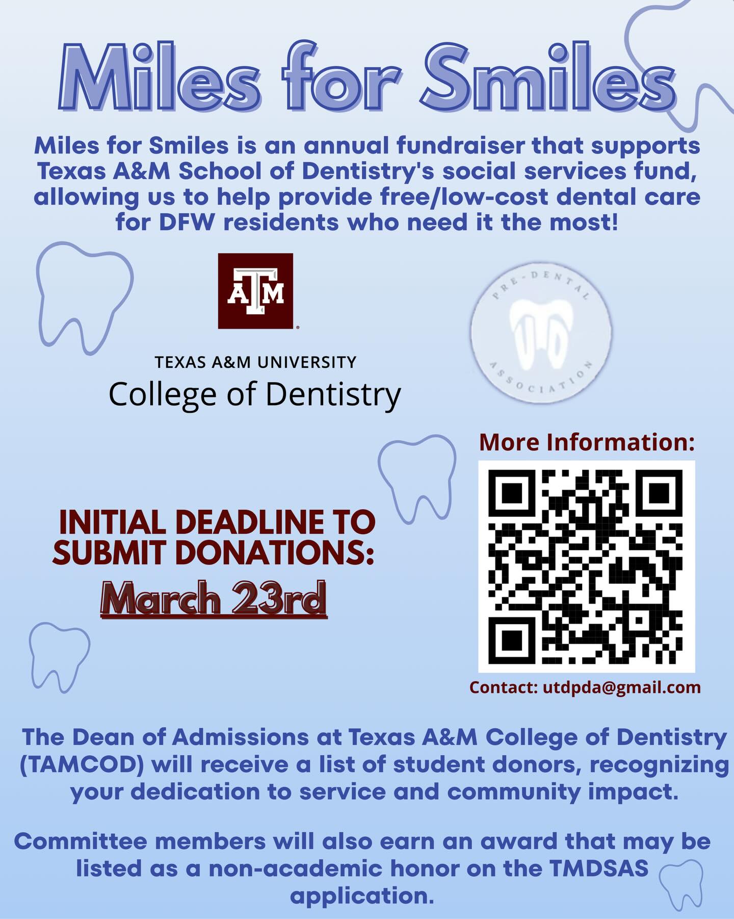 The initial deadline to submit your Miles for Smiles donation is THIS MONDAY, MARCH 23 to get on the progress report committee list! Make sure to also fill out the business or non-business donation forms found on our website utdpda.com so we can keep track of your total! 📋
Happy fundraising Pre-Dents! You can contact any officer if you have any questions 🙂↕️