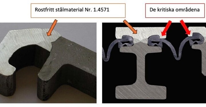 Maurer har identifierat ett återkommande problem med rost och korrosion på kloprofilernas insida som påverkar vattentätheten och därmed funktionen hos övergångskonstruktion.
Särskilt på utsatta områden som den "läpp" som håller fast tätprofilen. Orsakerna till detta problem är bland annat brist på underhåll, användning av aggressiva rengöringsmedel och vägsalt.
När korrosion uppstår på insidan av kloprofilen, minskar tätningen och fukt kan ta sig in och påskynda rostangrepp.
Det faktum att rostkakor kan bildas, upp till 2-7 mm tjocka, och att de kan påverka tätningen ytterligare vid byte av tätprofil visar tydligt på vikten av en hållbar lösning.
Maurers svar på detta är deras kloprofil, "Maurer Hybrid", där den övre delen är tillverkad i rostfritt material. Detta minskar risken för rostbildning, vilket förlänger livslängden och säkerställer att övergångskonstruktionen håller mycket bättre.
Det är ett exempel på hur teknisk innovation kan hantera specifika brister och förbättra kvaliteten och hållbarheten hos infrastrukturella produkter, vilket i sin tur skyddar de underliggande konstruktionerna bättre. Detta borde vara ett steg i rätt riktning för att säkerställa långvarig vattentäthet och korrosionsskydd.