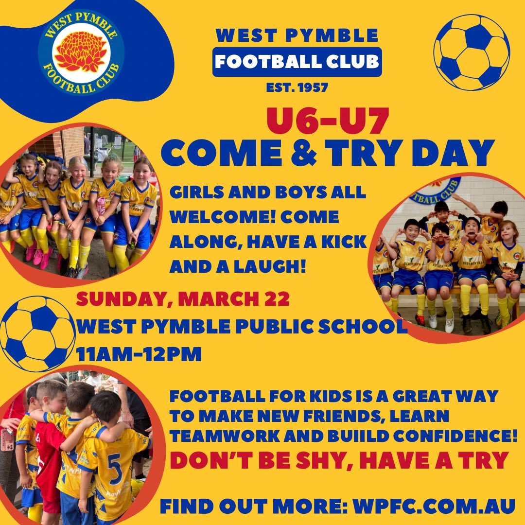 U6 - U7 Come and Try day is tomorrow!! 💛💙
Boys and Girls, Mums and Dads, come and join us tomorrow for our intro to football day for U6s and U7s!
Learn some skills, meet some of your teammates, and give it a try! Free kick around for all, what better way to spend your Sunday?!
We hope to see you there! 💛💙
Find out more at WPFC.com.au
Register at: https://forms.office.com/r/rpRd05SEuk