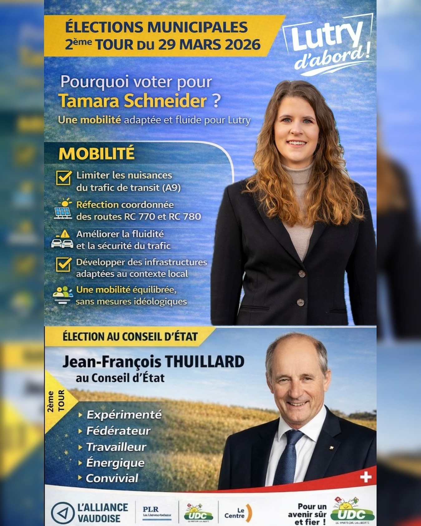 🚗 MOBILITÉ
Une mobilité adaptée et fluide pour Lutry 🚦
Moins de nuisances, plus de sécurité et des solutions concrètes pour tous les déplacements.
🗳️ Rendez-vous le 29 mars,
et pensez aussi à soutenir Jean-François Thuillard au Conseil d’État.
#ec2026 #elections #lutry #mobilite #udc