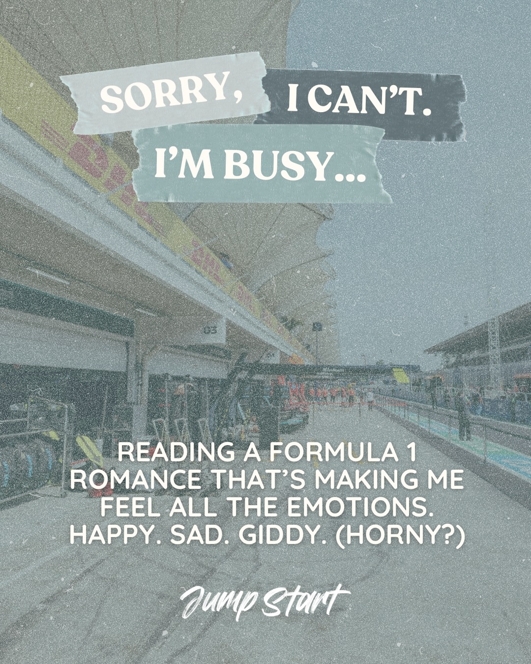 Sorry, I canโt. Iโm busy thinking about the golden retriever formula 1 driver getting his second chance at a forever kind of love with the teamโs photographer.
Read Jump Start, a second chance sports romance, ๐ง๐ข๐๐๐ฌ on KU, paperback, and audio.
๐ฉต formula 1
๐ golden retriever mmc
๐ฉต found family vibes
๐ single parents
๐ฉต swoony and spicy
#sportsromance #kindleunlimitedromance #secondchanceromance #bookrecommendations #spicyromancebooks
โ
author kayla james, jump start kayla james, sports romance books, book aesthetic, formula 1, steamy romance, romance reader, book recs, book boyfriends, single dad romance, the grid series