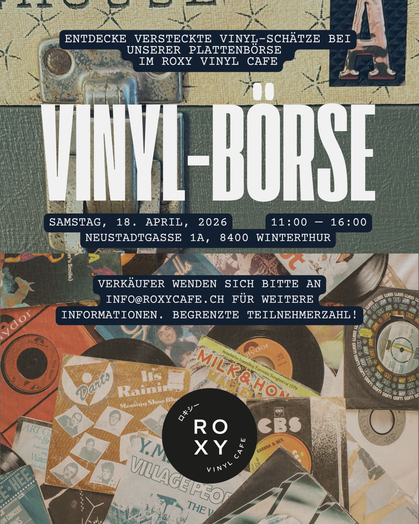 Aufgepasst, Vinyl-Fans: Das erste ROXY Vinyl Cafe findet nächsten Monat am Samstag, den 18. April, von 11:00 bis 16:00 Uhr statt! Ob Oldies, Neulinge, Vinyl-Sammler oder Gelegenheitssammler – wir haben für jeden etwas zu bieten.
Vinyl-Verkäufer, schreibt an info@roxycafe.ch für weitere Infos. Die Plätze und Kapazitäten sind begrenzt.
––
Heads up vinyl fans, the first ROXY Vinyl Cafe is coming next month on Saturday, 18. April, 11:00 – 16:00! Oldies, newbies, diggers and collectors, we plan to have something for all.
Vinyl sellers, contact info@roxycafe.ch for info. Limited spots and capacity available.
#RoxyVinylCafe #VinylBörse #PlattenBörse #Winterthur #VinylRecords