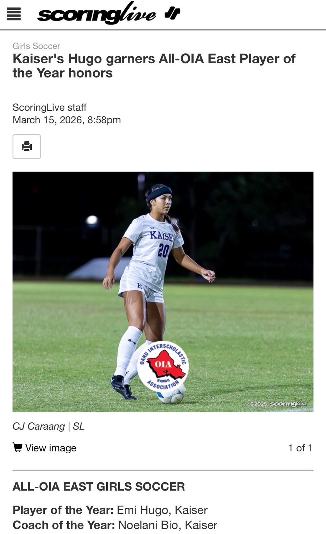 2009 Girls’ Emi Hugo named OIA East Player of the Year.
A season built on consistency, decision-making, and impact in key moments.
Recognition earned.