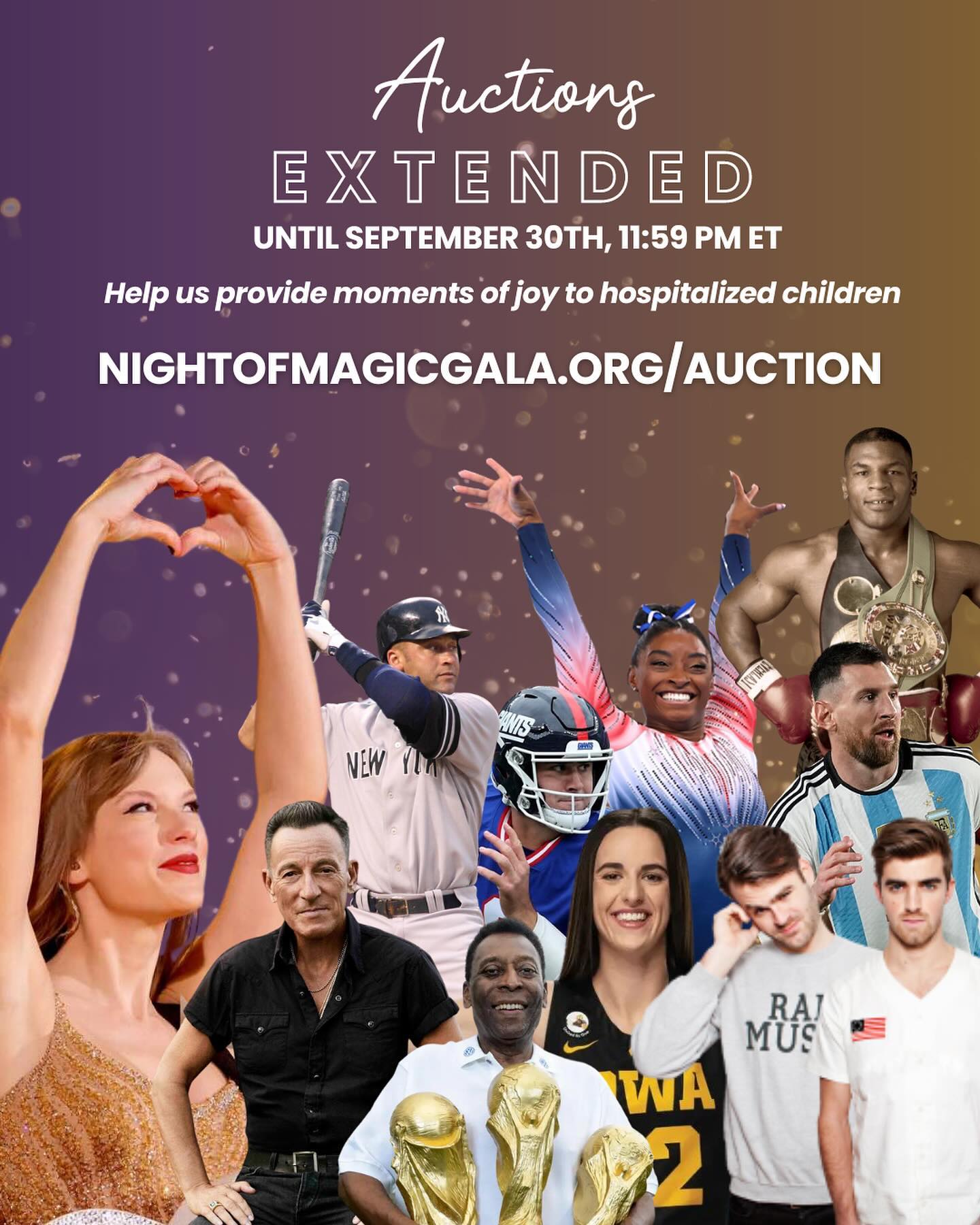 EXCITING NEWS! THE NIGHT OF MAGIC GALA HAS BEEN EXTENDED! We have so many awesome things up for auction, so make sure to take a peak at the website!
Calling all ✨ SWIFTIES ✨ !!!
A Moment of Magic is thrilled to share that we received THREE incredible ✨ hand signed ✨ pieces from the one and only, Taylor Swift!
Proceeds will help A Moment of Magic provide programs that boost the mental health of hospitalized children by utilizing art, movement, and play as tools for learning and healing. Your support helps ensure that children battling cancer and other serious illnesses have essential moments to just be a kid. Your support has enabled us to provide moments of joy, laughter, and hope to more than 150,000 children since 2014 and 100% of medical professionals states that our work has positively impacted the quality of life of the children we serve.
Help us keep the good going by placing a bid on:
🎸 a hand signed Taylor Swift folklore guitar
🖊️ Taylor Swift hand written All Too Well lyrics
💿 Taylor Swift signed Midnights album masterpiece
PLUS. check out other amazing memorabelia, trips, and more!
Items are available through our live auction now through Monday at 11:59 pm ET.
🫶🏼 Bid on these and other incredible prizes NOW at http://nightofmagicgala.org/auction
#taylorswiftauction #silentauction #swiftiesforever #nightofmagic
@momentofmagicfoundation @kyleelauren @anightofmagic