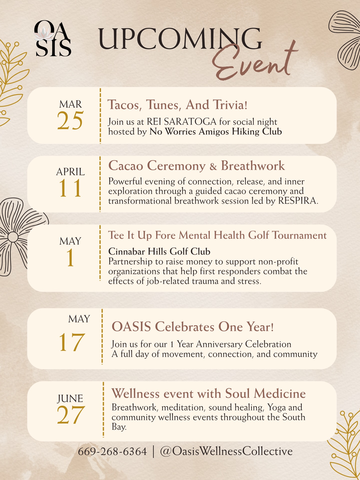 There’s something special happening with OASIS ✨
More than just workouts, this is where we gather, connect, and grow together.
Save the dates. Come as you are.
We can’t wait to share these moments with you.
#OasisWellness #CommunityHealing #SanJoseEvents #WellnessCollective #strongertogether❤️